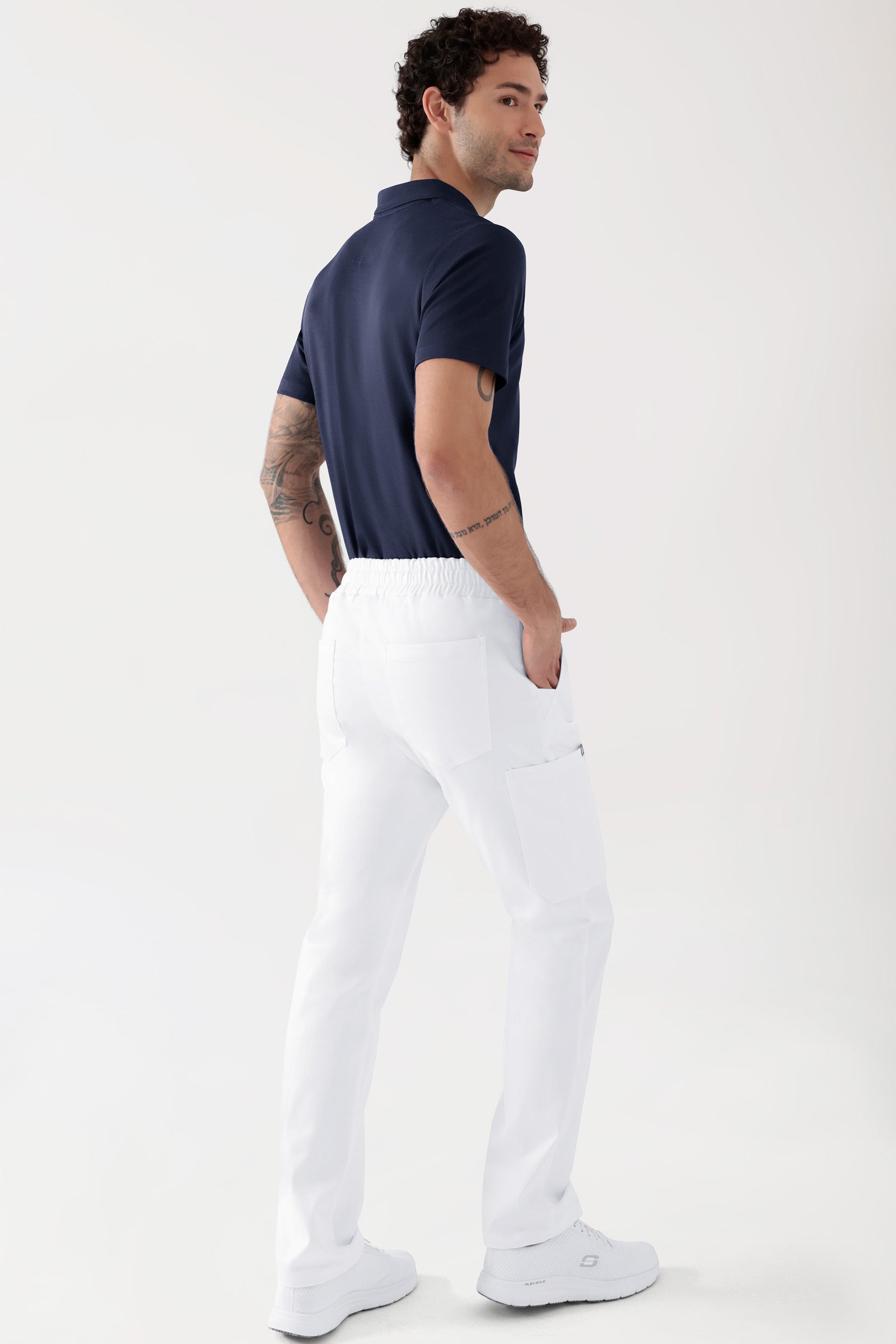 COMFY FLEX Stretch Hose Unisex - 1/1 Länge weiss, Vue de dos Le mannequin mesure 188 cm et porte la taille M