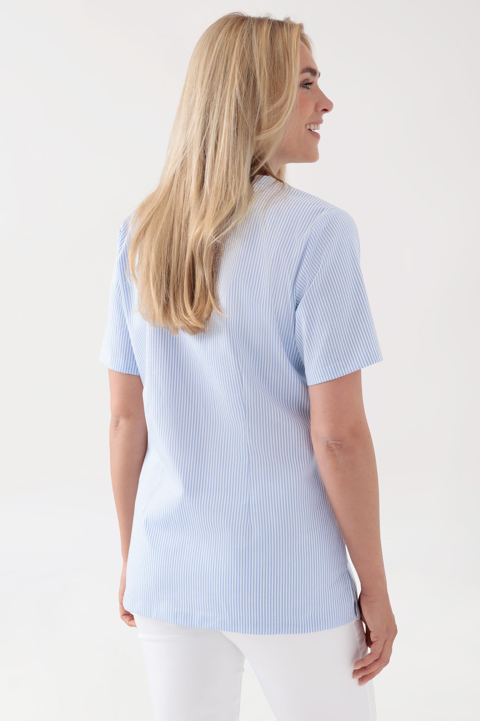 Stretch Schlupfkasack Damen - V-Ausschnitt weiss/blau