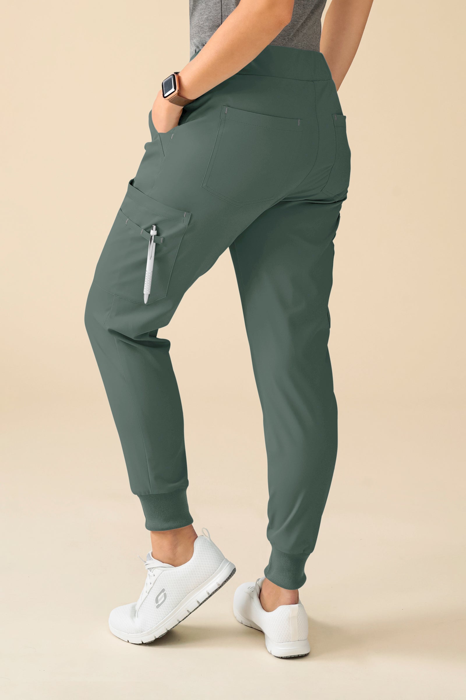KAERE Hose Damen - Saumbündchen Kurzgr. mit Beintaschen dunkelgrün, Vue de dos