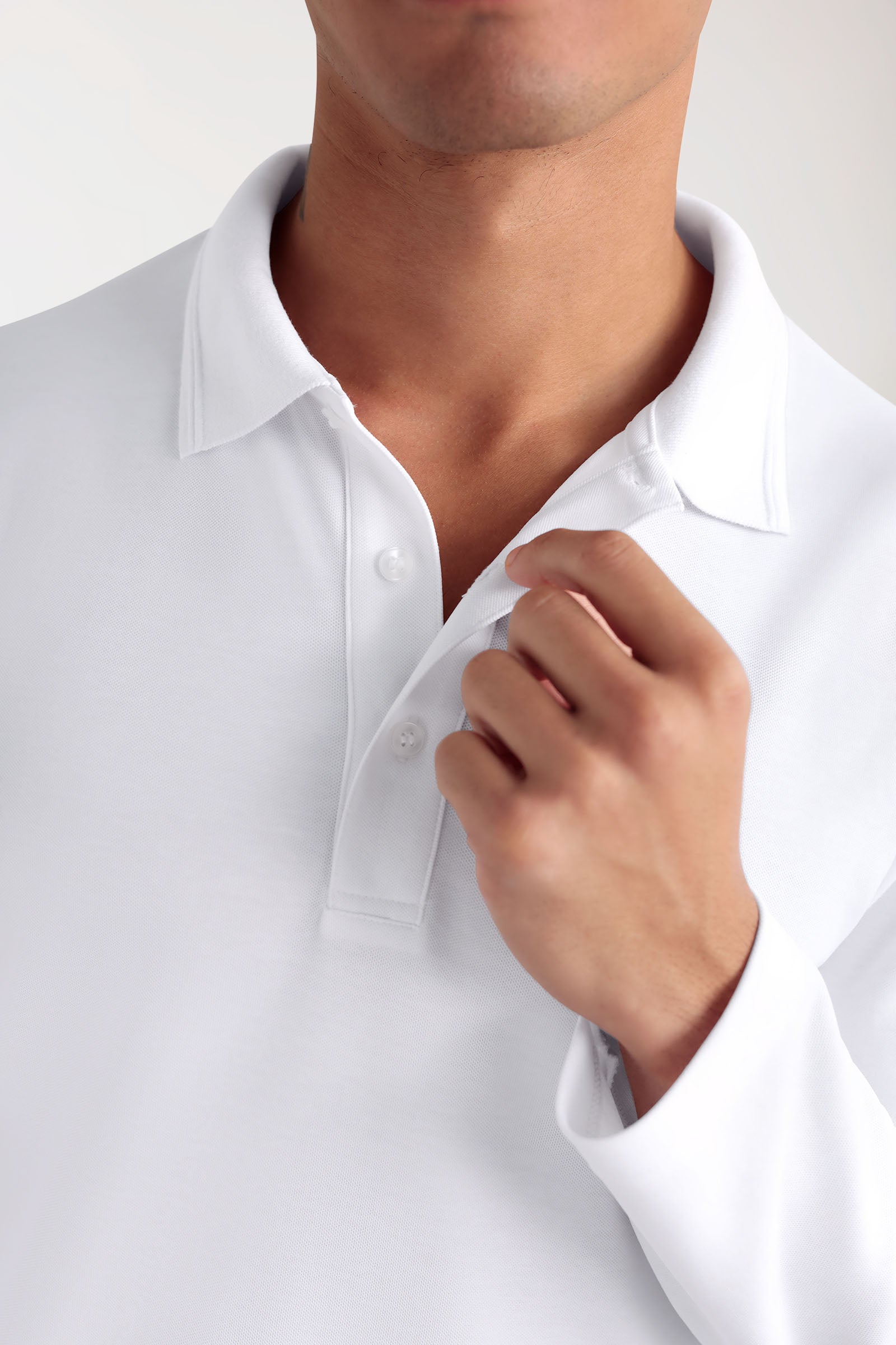 CORE Longsleeve Herren Double Face Piqué - Polokragen weiss