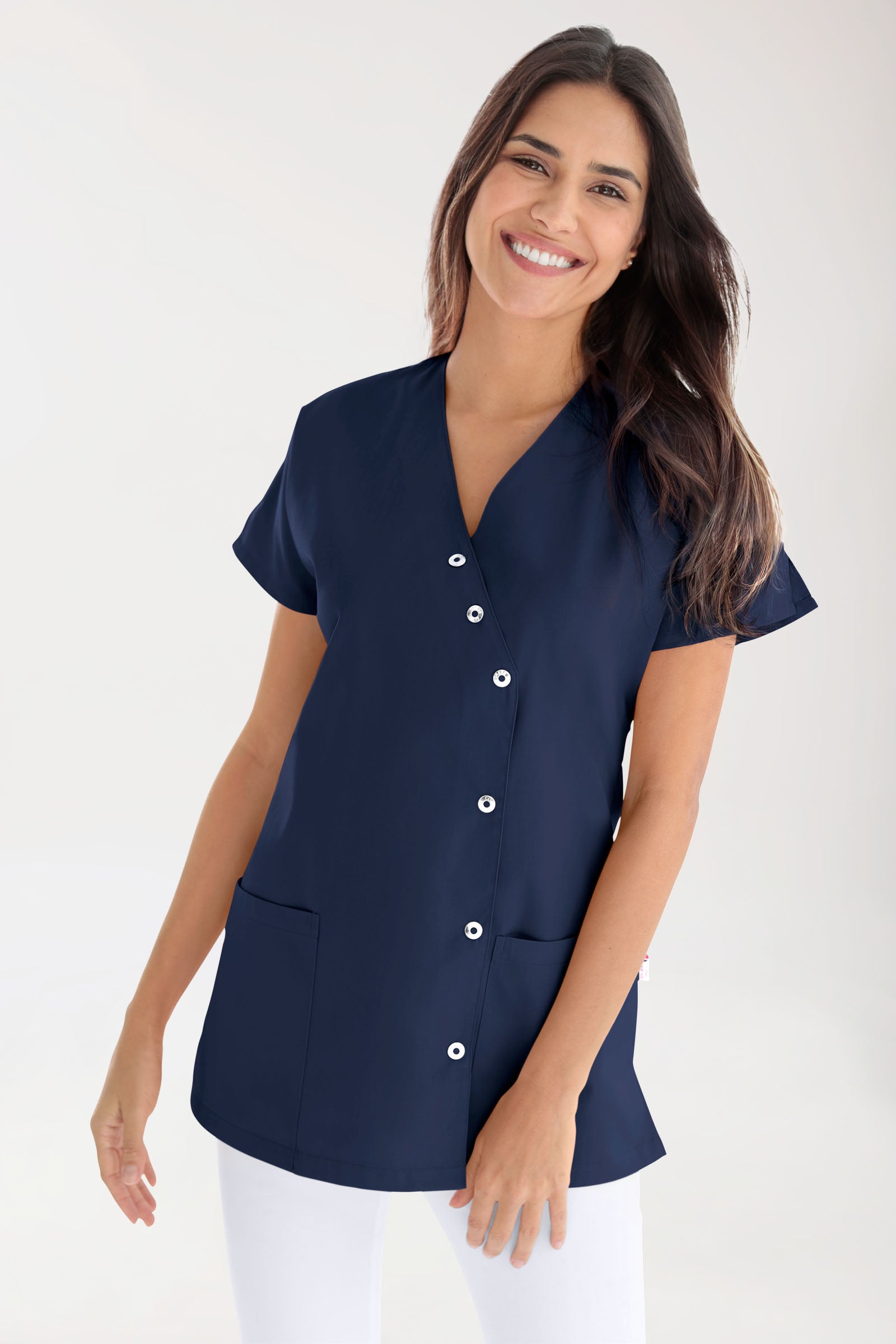 Beauty Kasack Damen - asymmetrische Druckknopfleiste navy, Vue de face