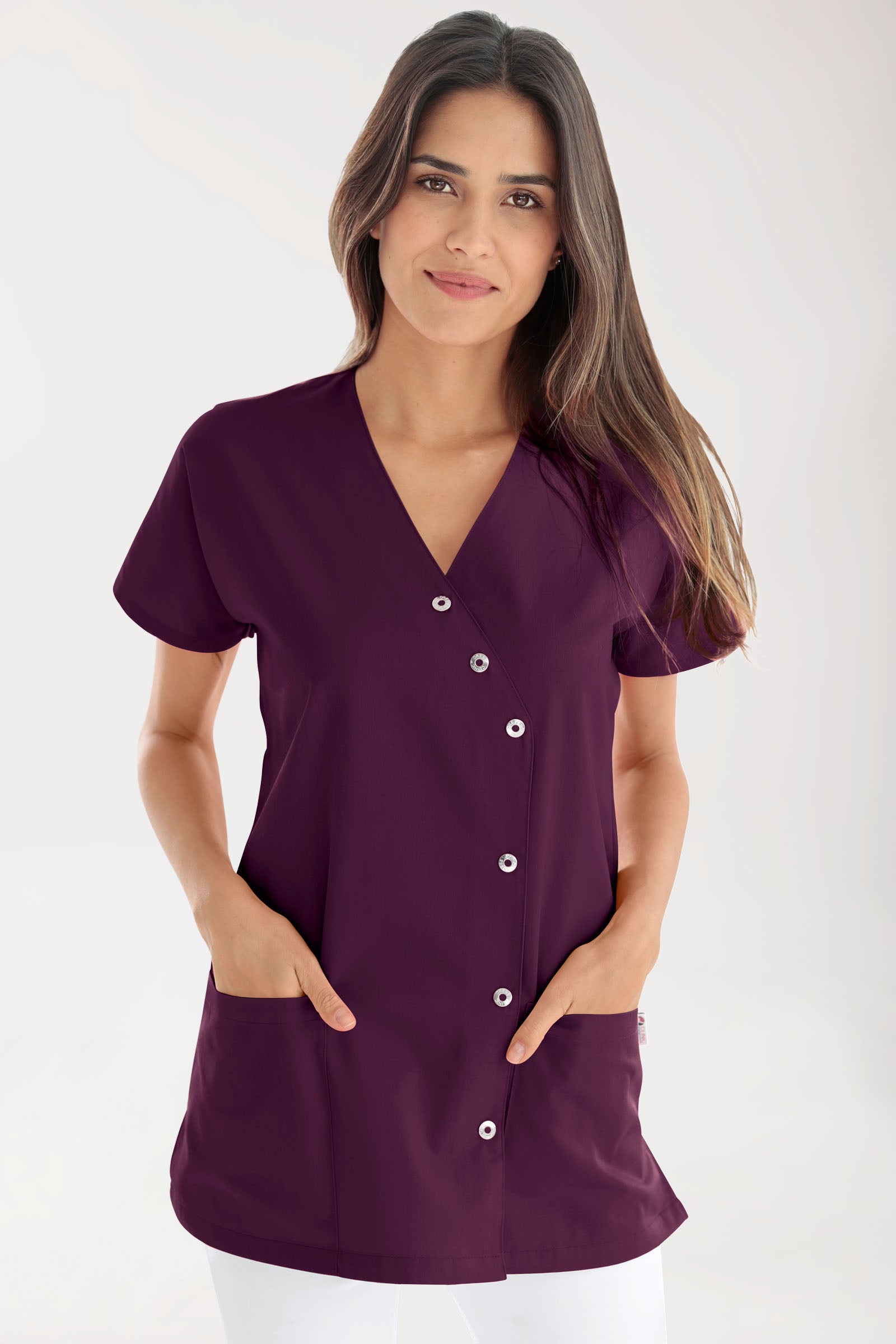 Beauty Kasack Damen - asymmetrische Druckknopfleiste pflaume, Vue de face