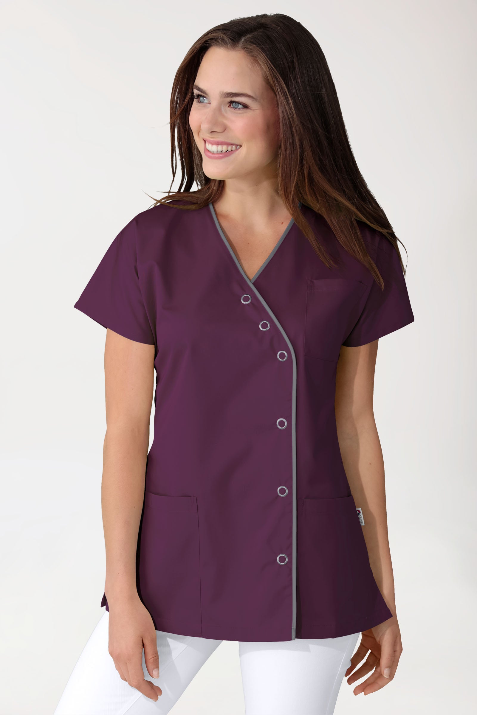 Beauty Kasack Damen - asymmetrische Druckknopfleiste pflaume/grau, Vue de face