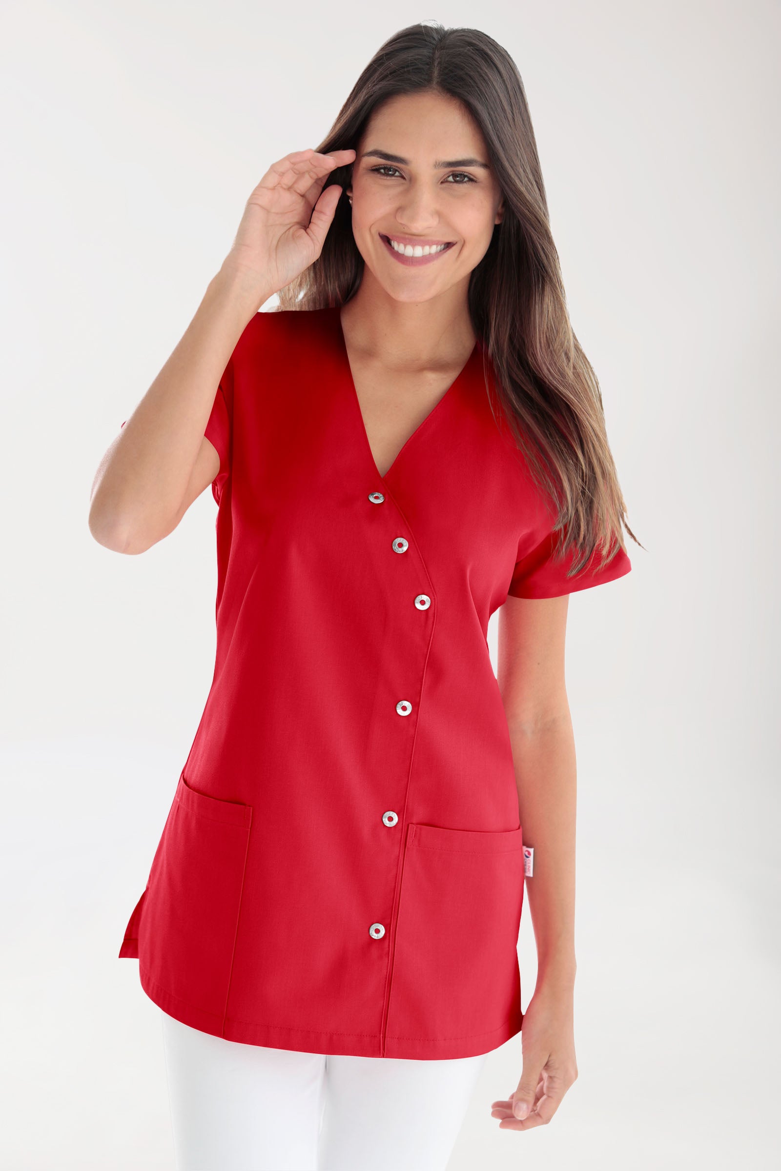 Beauty Kasack Damen - asymmetrische Druckknopfleiste rot, Vue de face