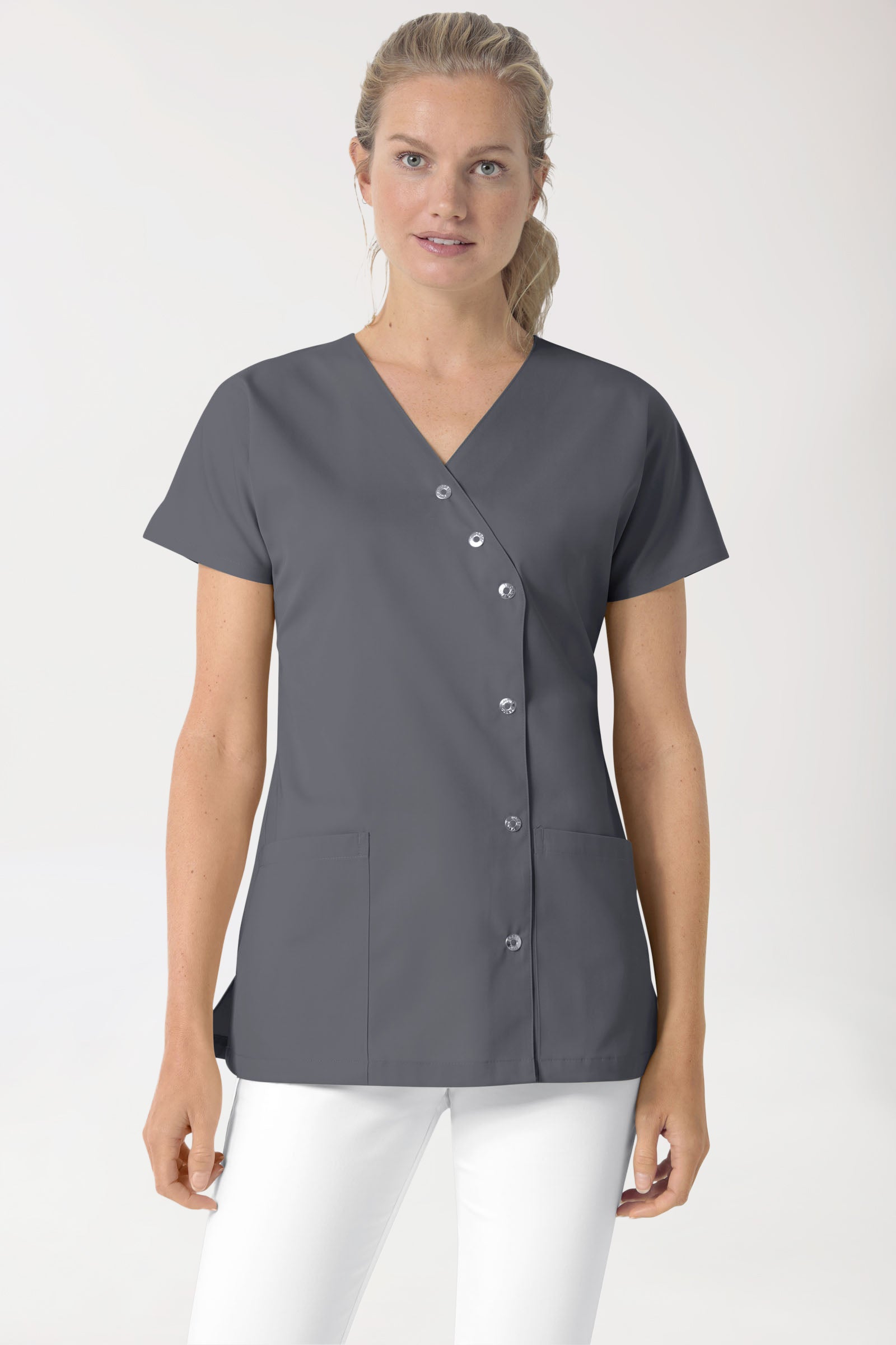 Beauty Kasack Damen - asymmetrische Druckknopfleiste steingrau, Vue de face