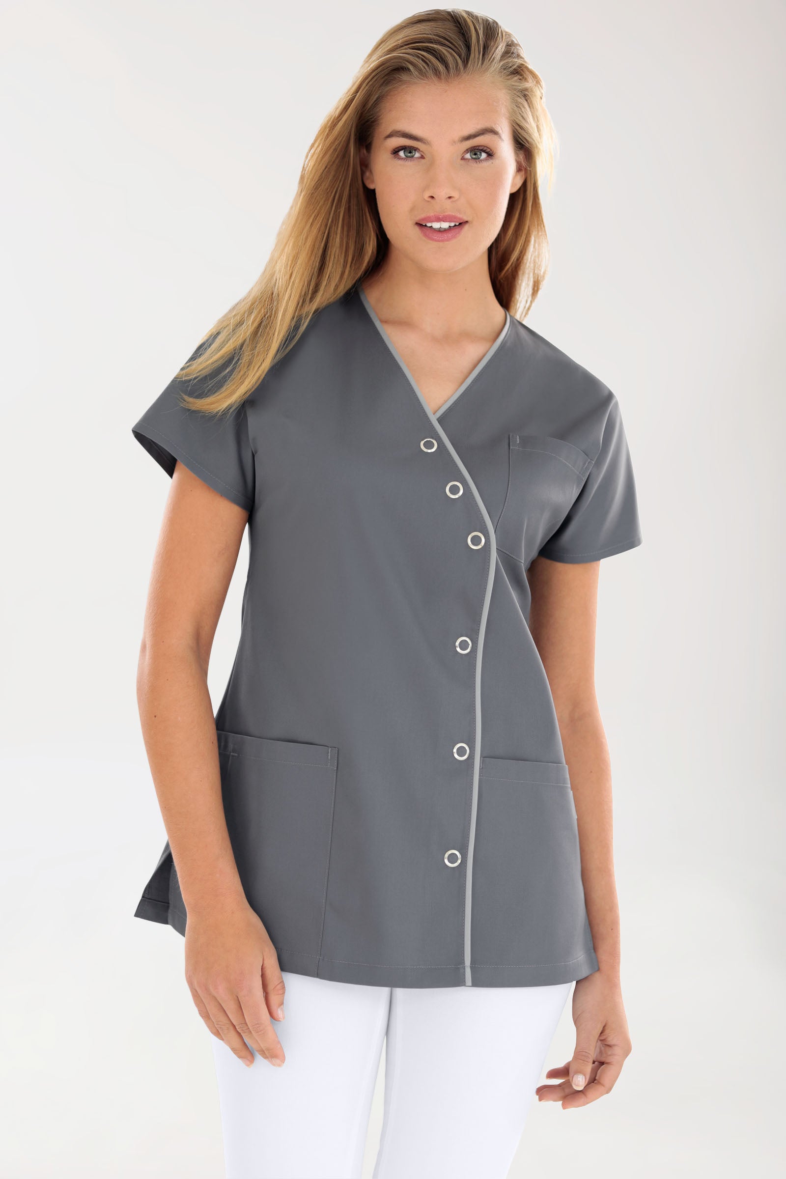Beauty Kasack Damen - asymmetrische Druckknopfleiste steingrau/grau, Vorderansicht