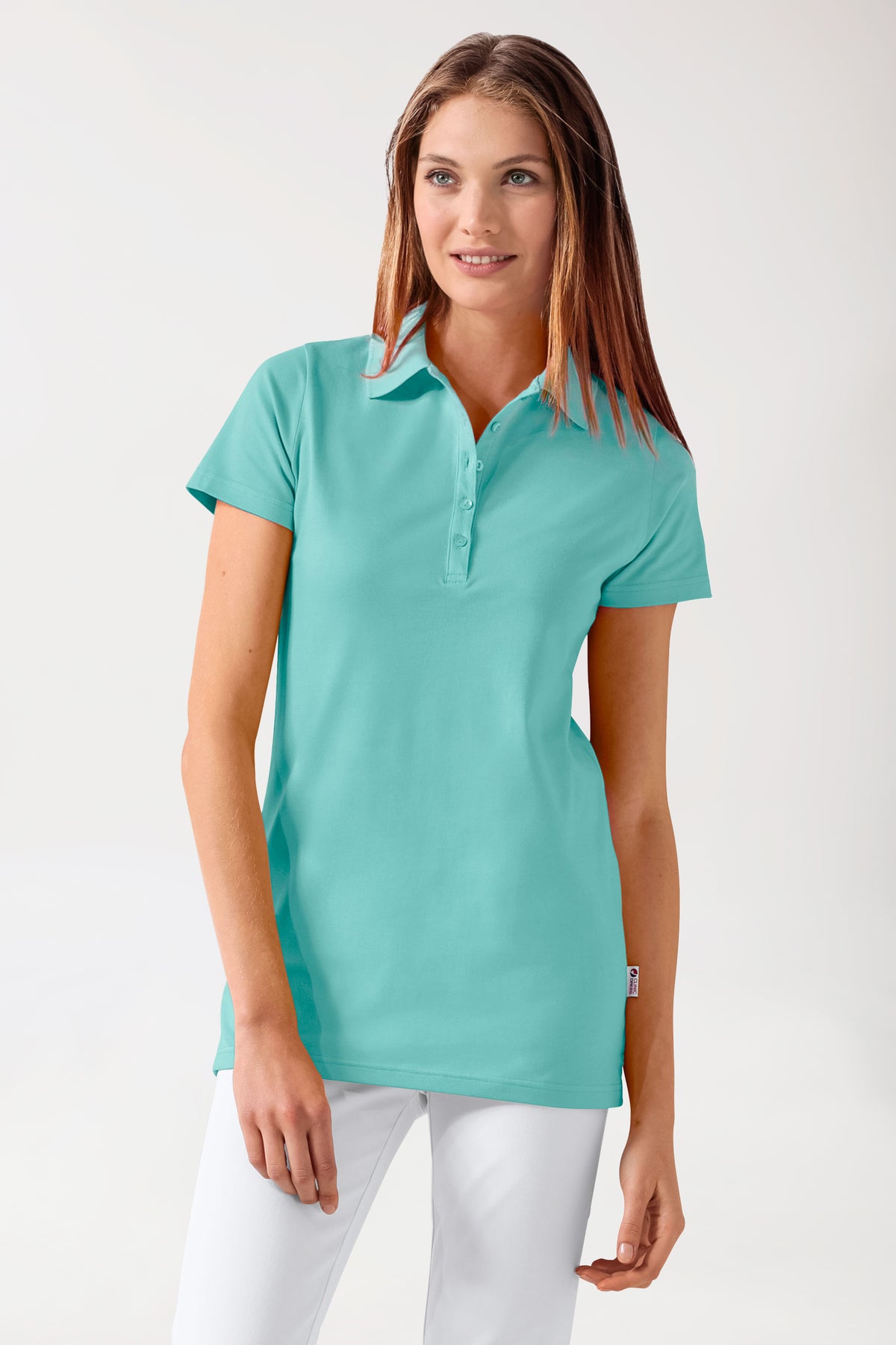 Stretch Longshirt Damen - Polokragen aqua green, Vorderansicht