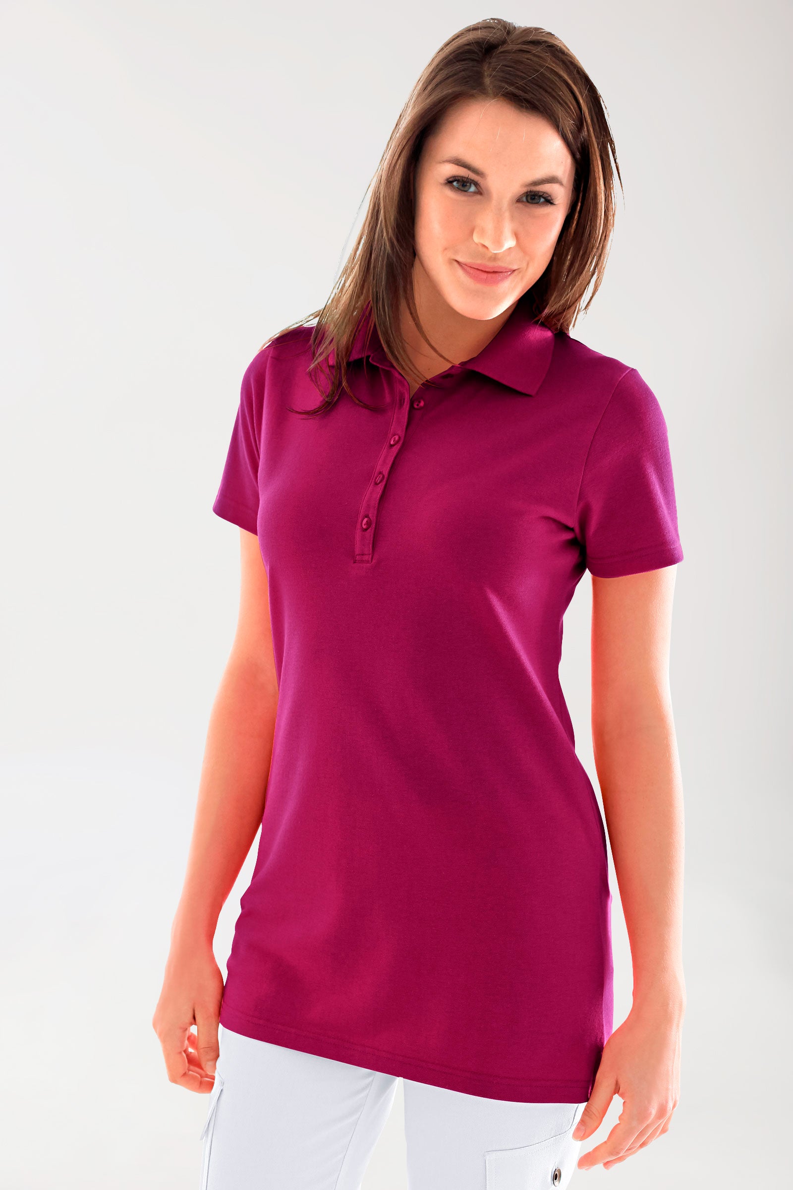 Stretch Longshirt Damen - Polokragen berry, Vorderansicht