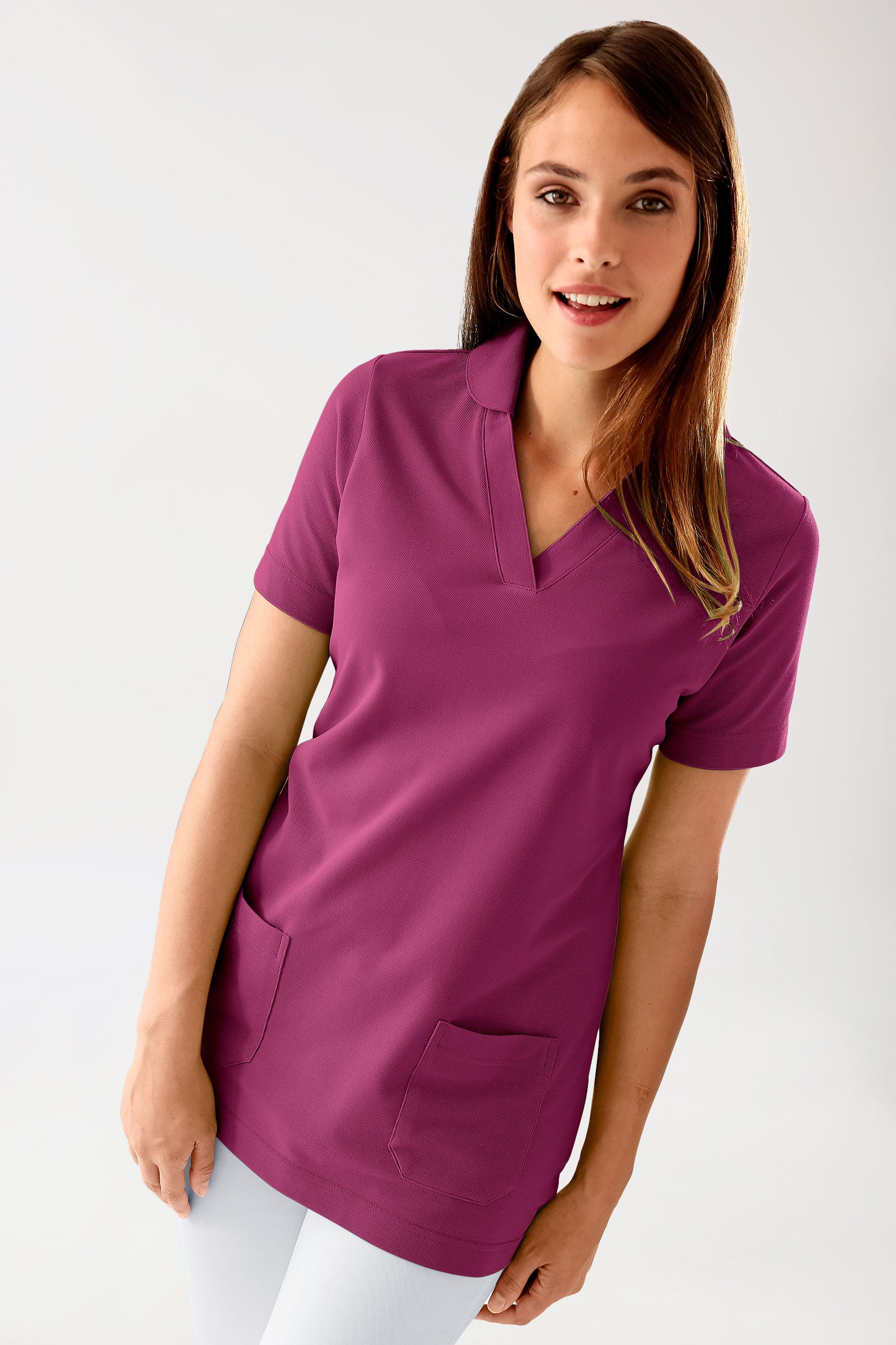 Piqué Longshirt Damen - mit Kragen berry, Vue de face