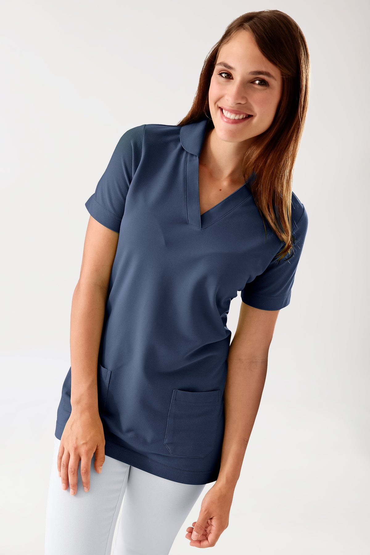 Piqué Longshirt Damen - mit Kragen navy, Vue de face