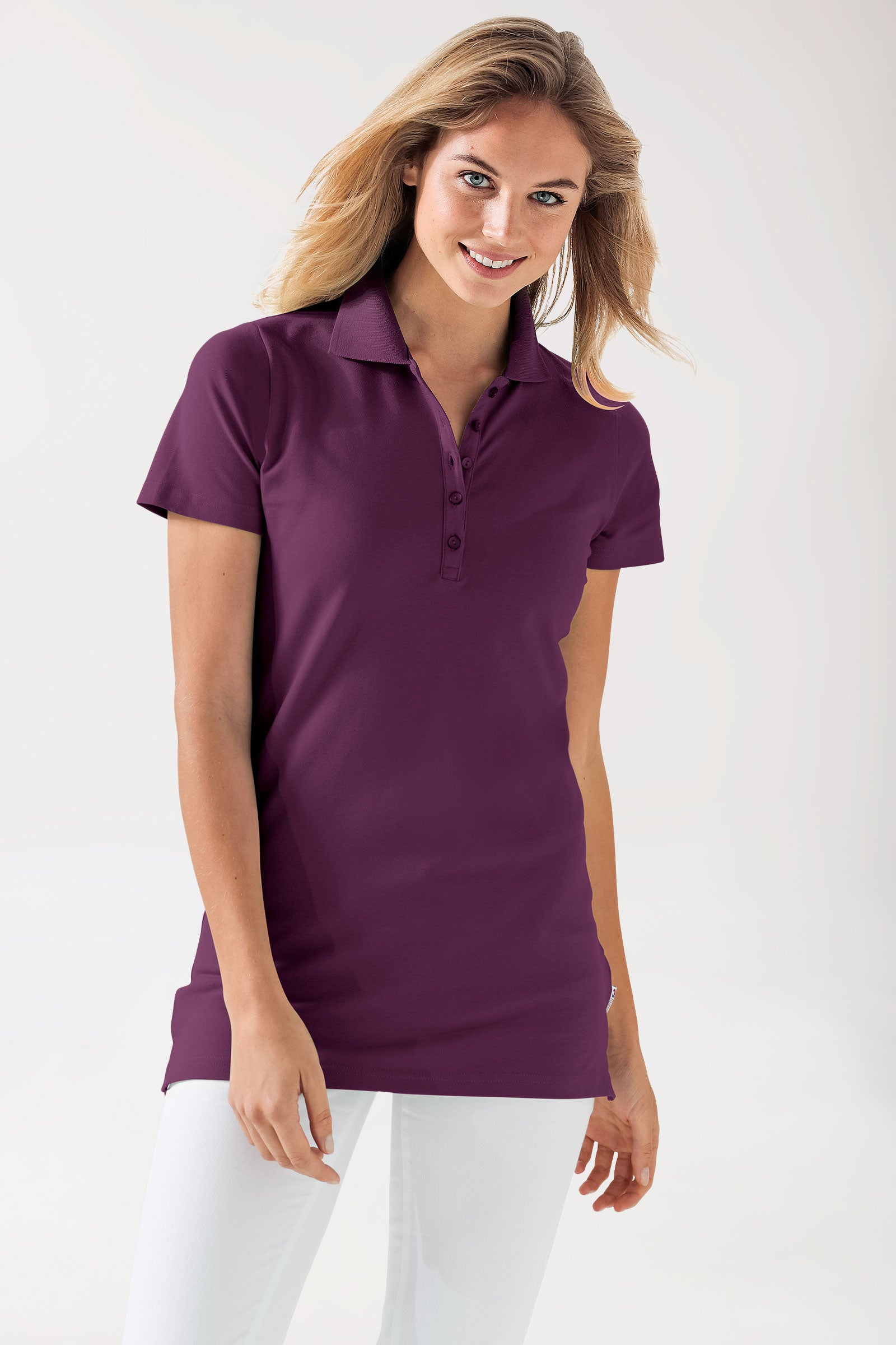 Stretch Longshirt Damen - Polokragen pflaume, Vorderansicht