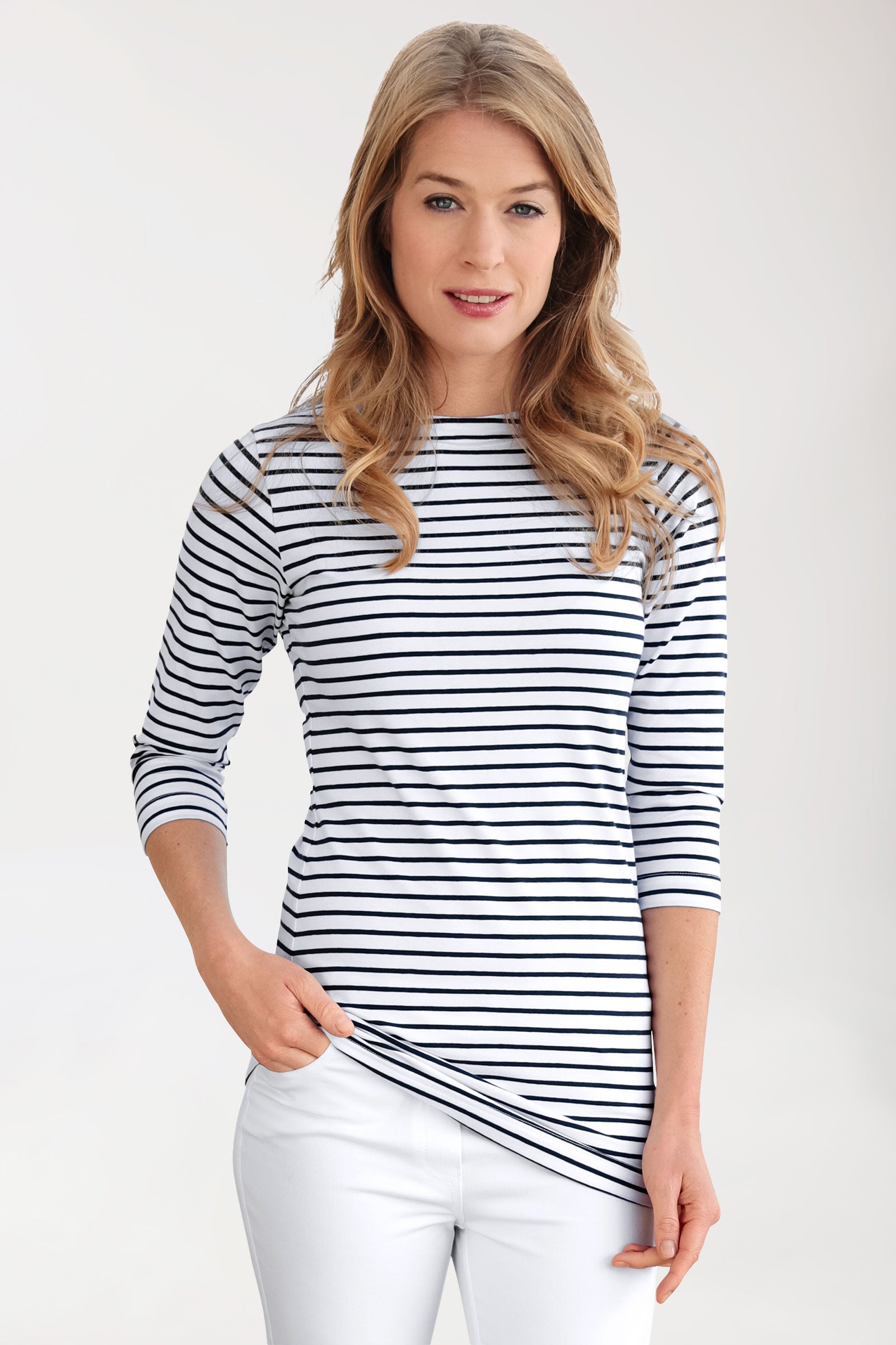 Longshirt Damen - 3/4 Arm weiss/navy, Vue de face