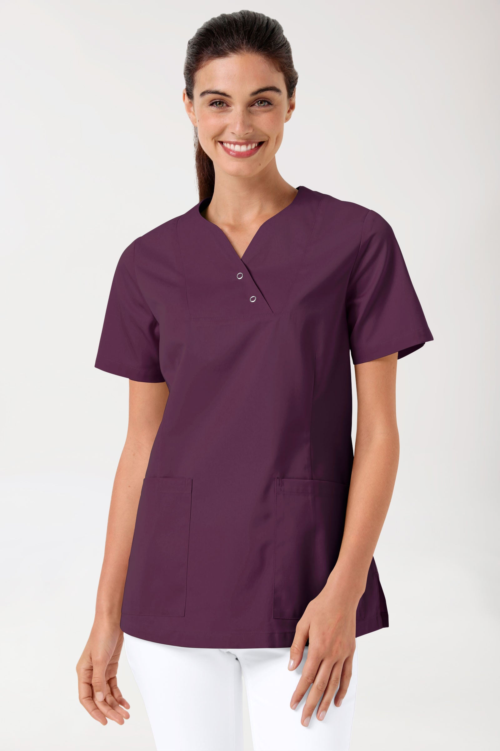 CORE Schlupfkasack Damen curved fit - mit Druckknöpfen pflaume, Vue de face
