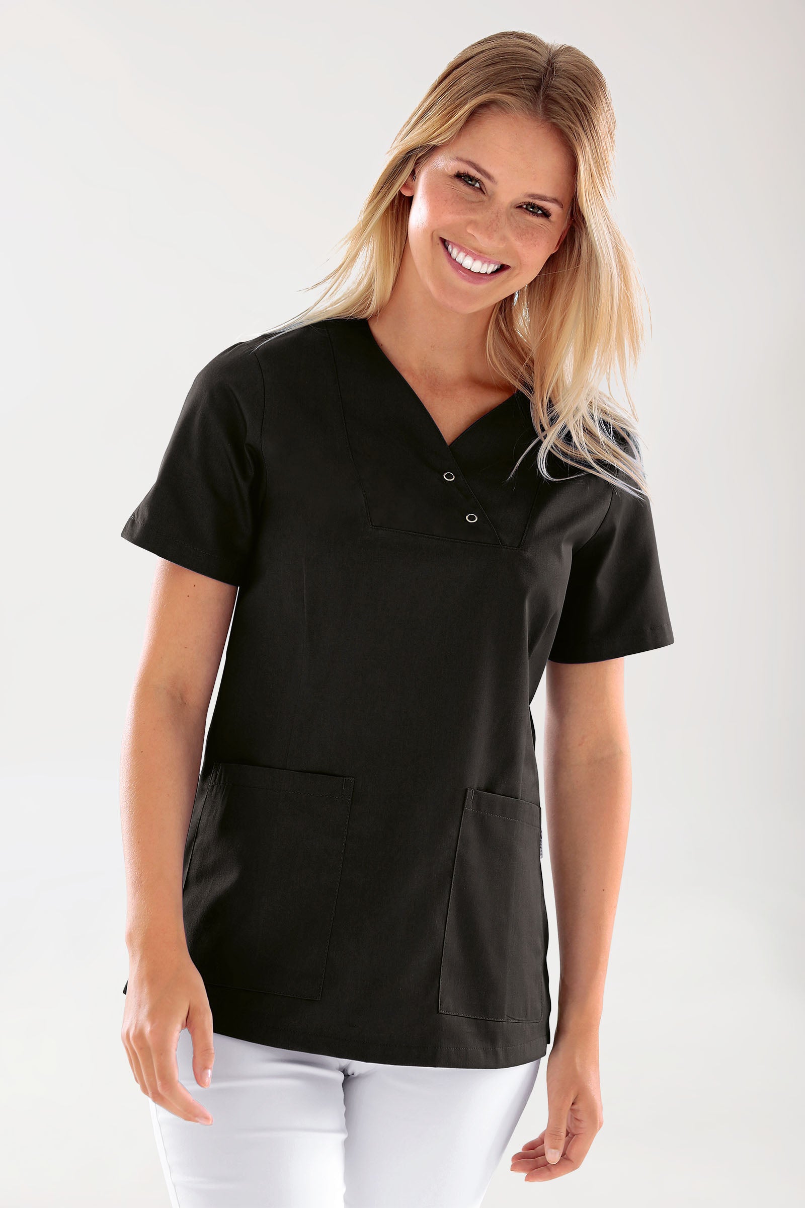 CORE Schlupfkasack Damen curved fit - mit Druckknöpfen schwarz, Vue de face