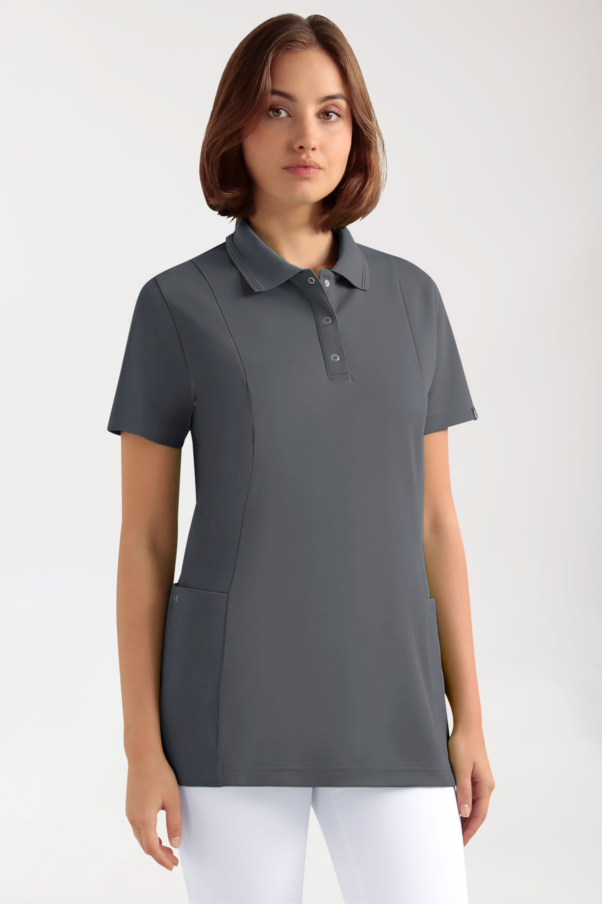 COMFY FLEX Stretch Schlupfkasack Damen - Polokragen steingrau, Vorderansicht