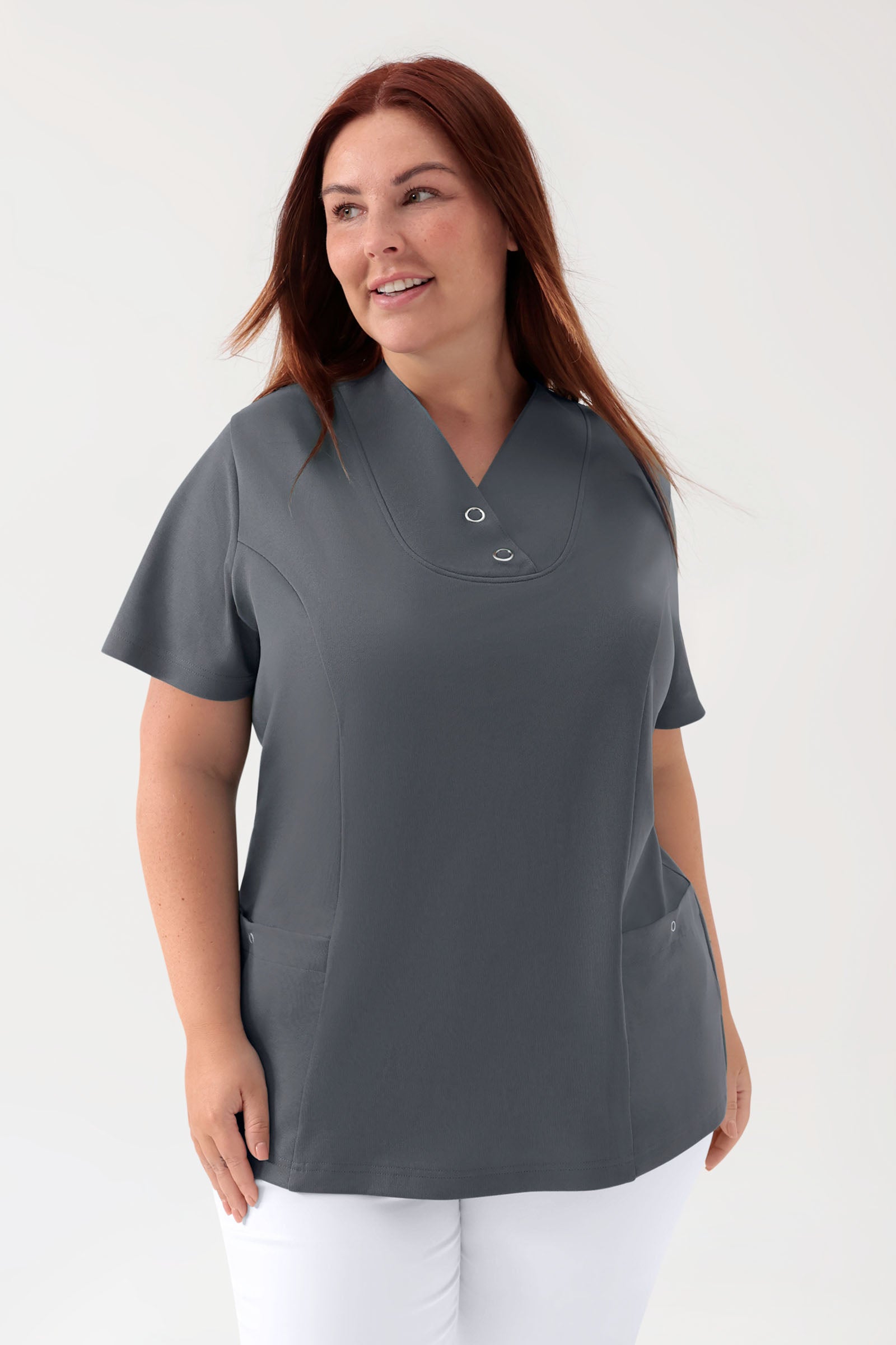COMFY FLEX Stretch Schlupfkasack Damen - mit Druckknöpfen steingrau, Vorderansicht
