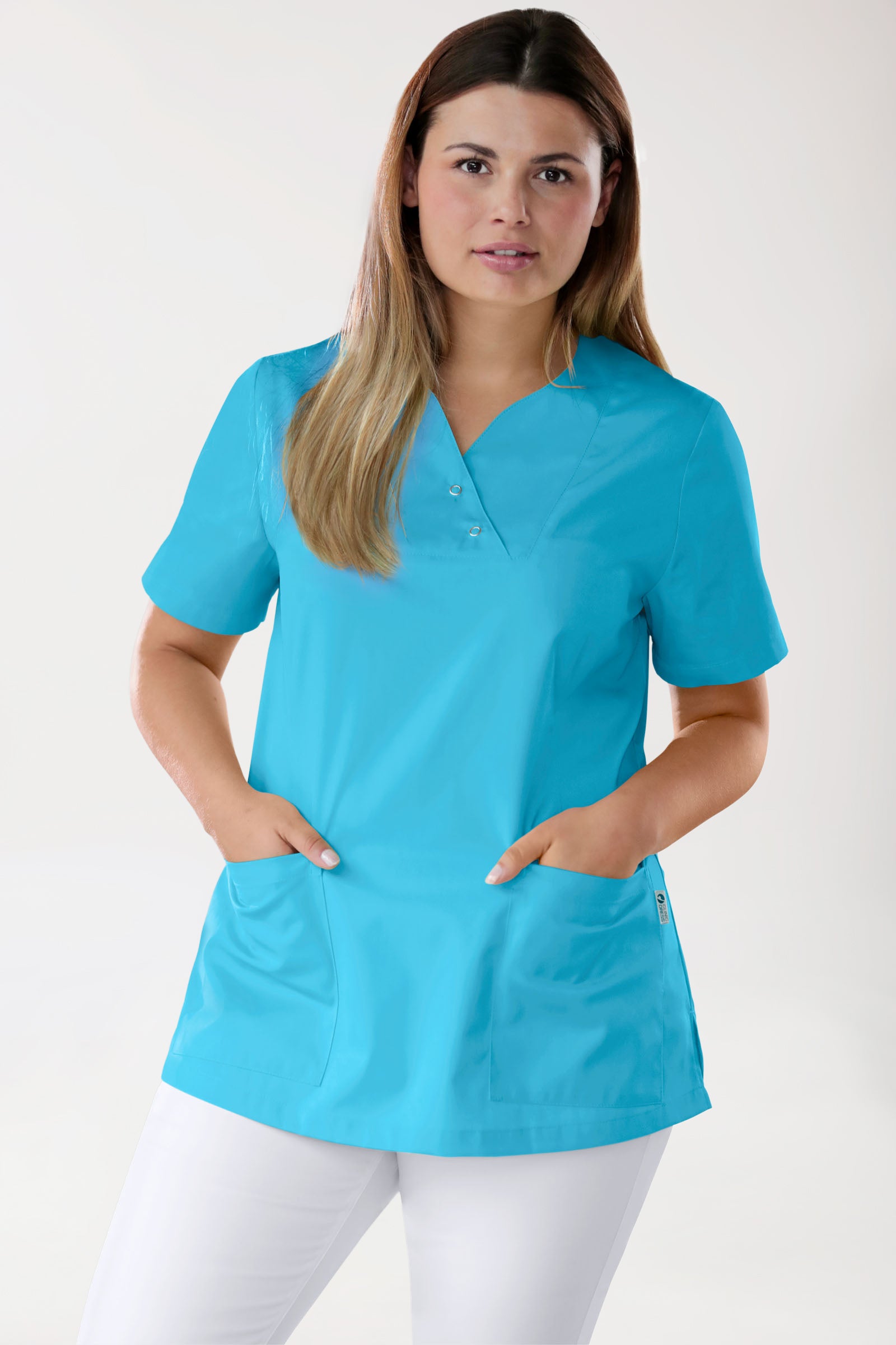CORE Schlupfkasack Damen curved fit - mit Druckknöpfen türkis, Vue de face