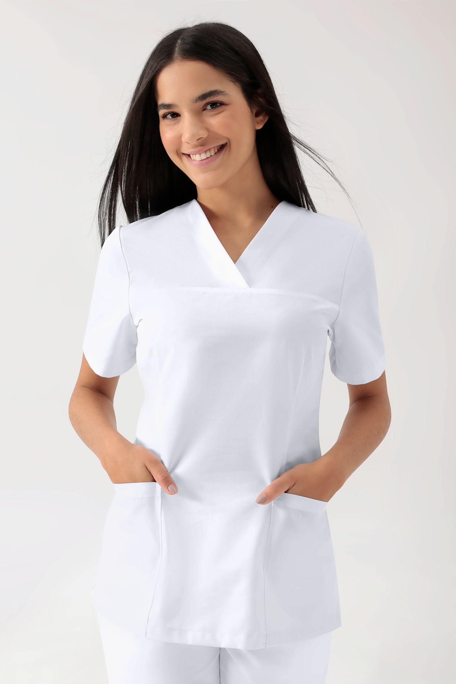 Stretch Schlupfkasack Damen - V-Ausschnitt weiss