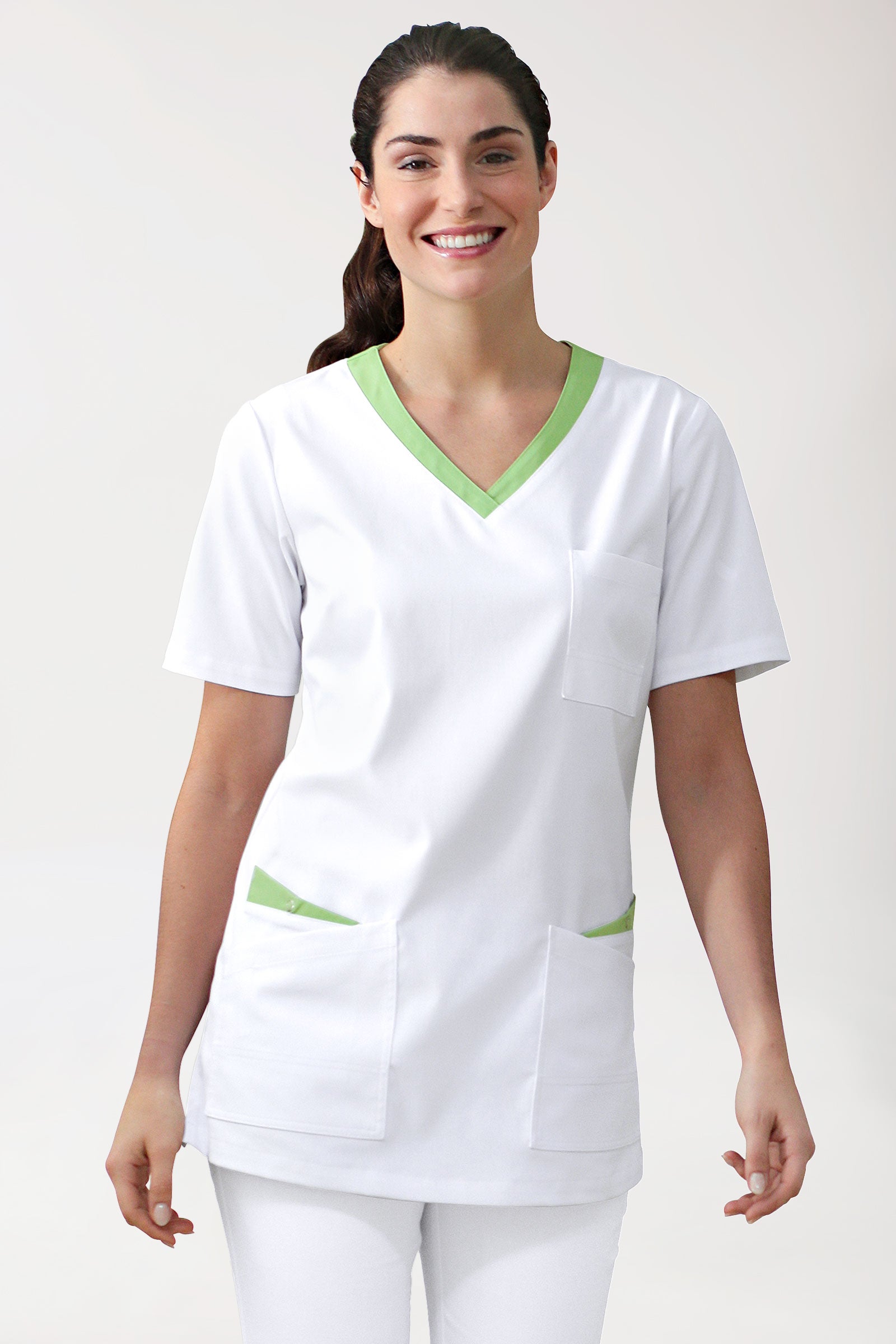 CLINIC STRETCH Schlupfkasack Damen - 1/2 Arm weiss/apfelgrün, Vorderansicht