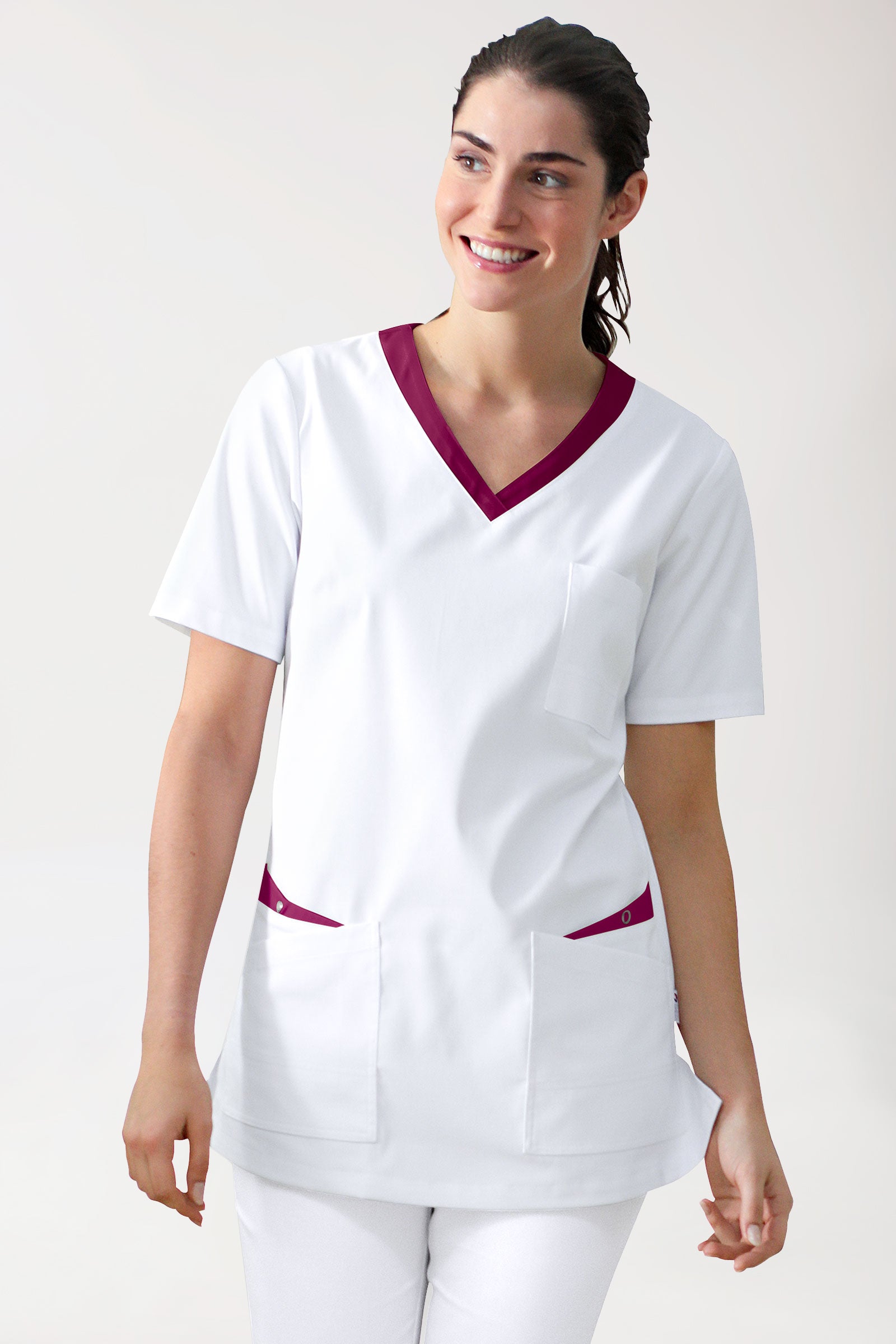 CLINIC STRETCH Schlupfkasack Damen - 1/2 Arm weiss/berry, Vorderansicht