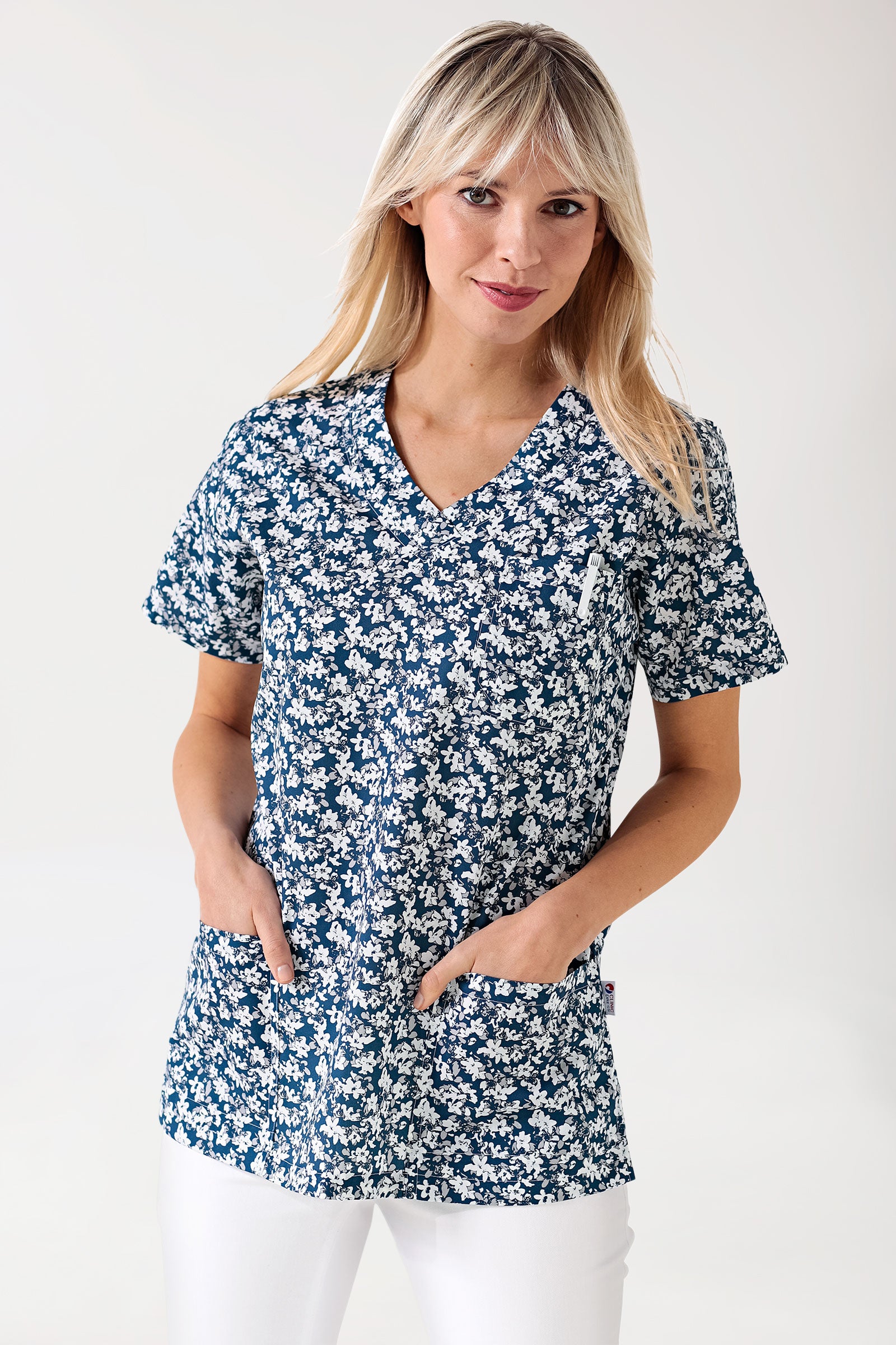Leichter Schlupfkasack Damen - Alloverprint weiss/blau/grau, Vue de face