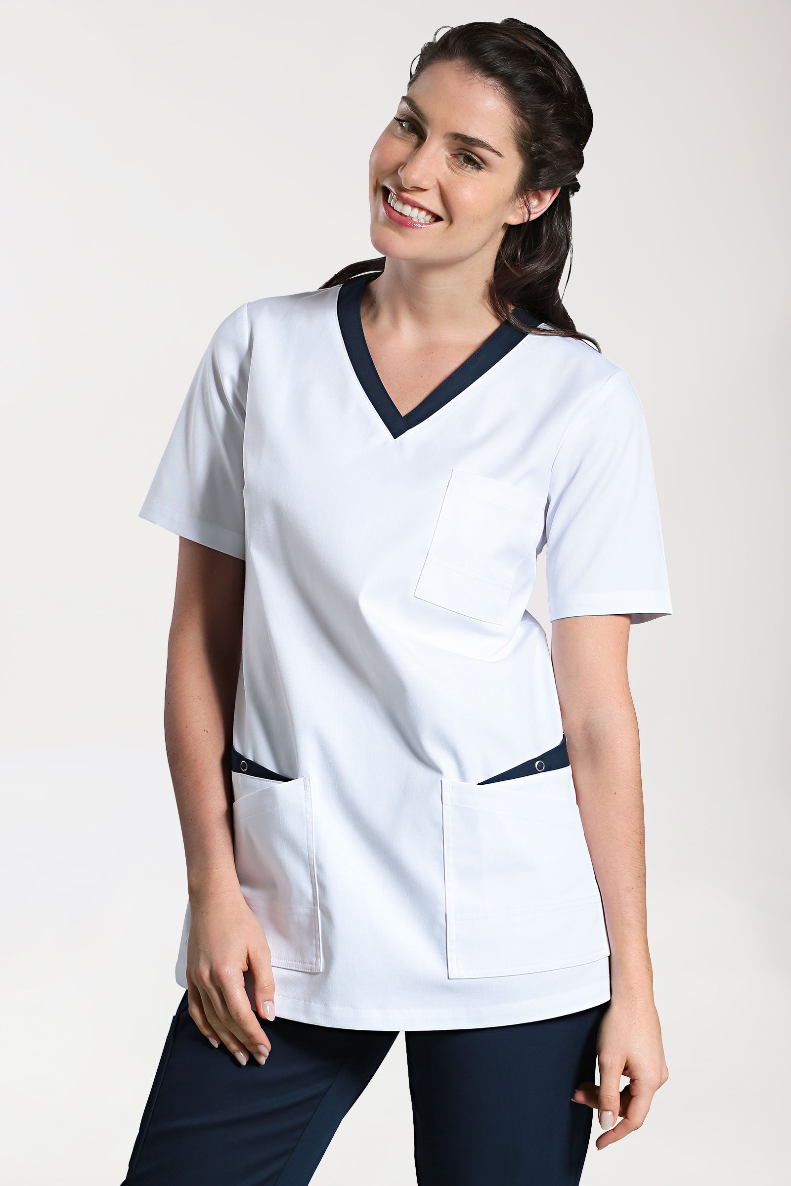 CLINIC STRETCH Schlupfkasack Damen - 1/2 Arm weiss/navy, Vue de face