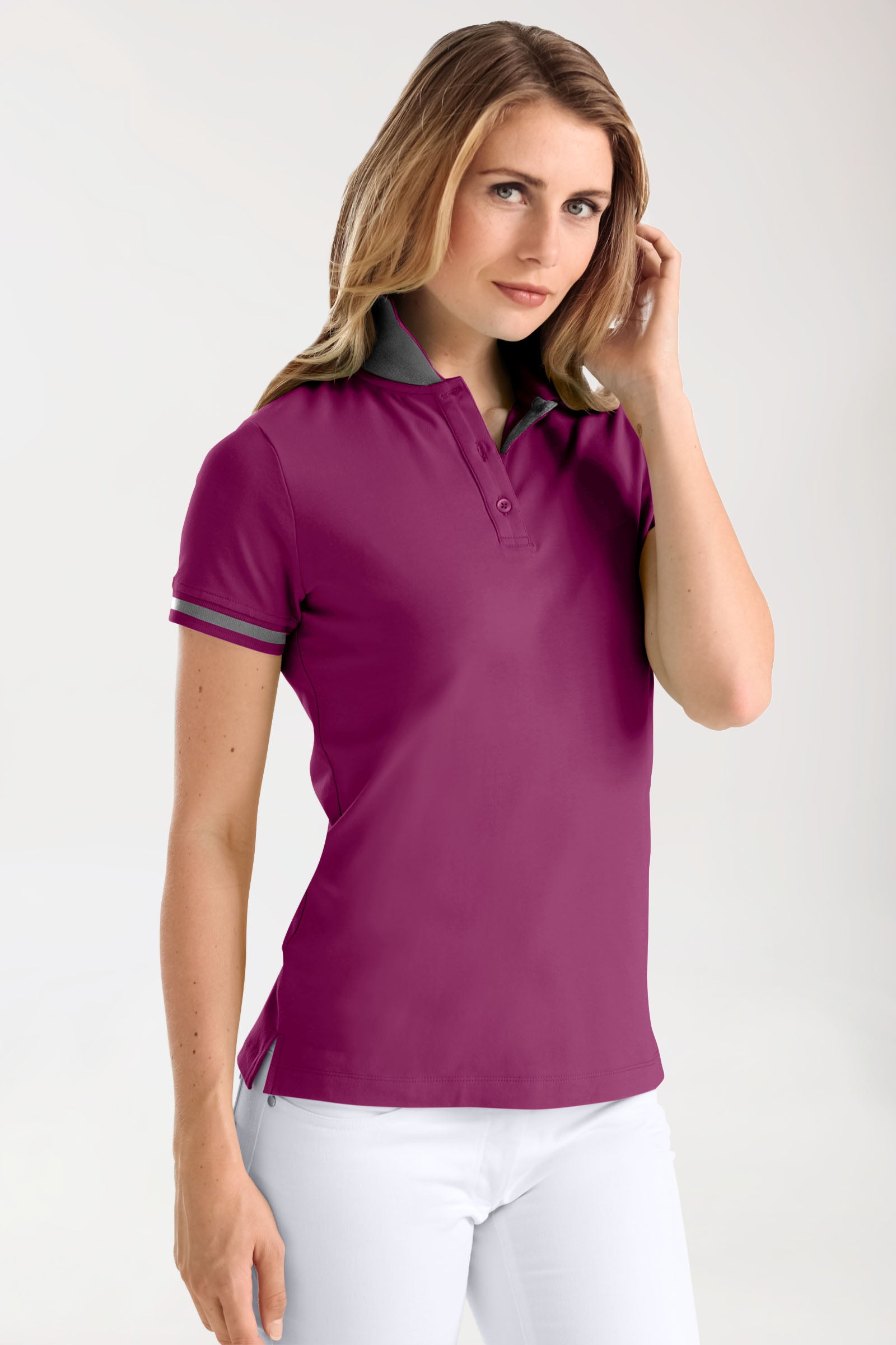 Stretch Shirt Damen - Polokragen berry/dunkelgrau melange, Vue de face