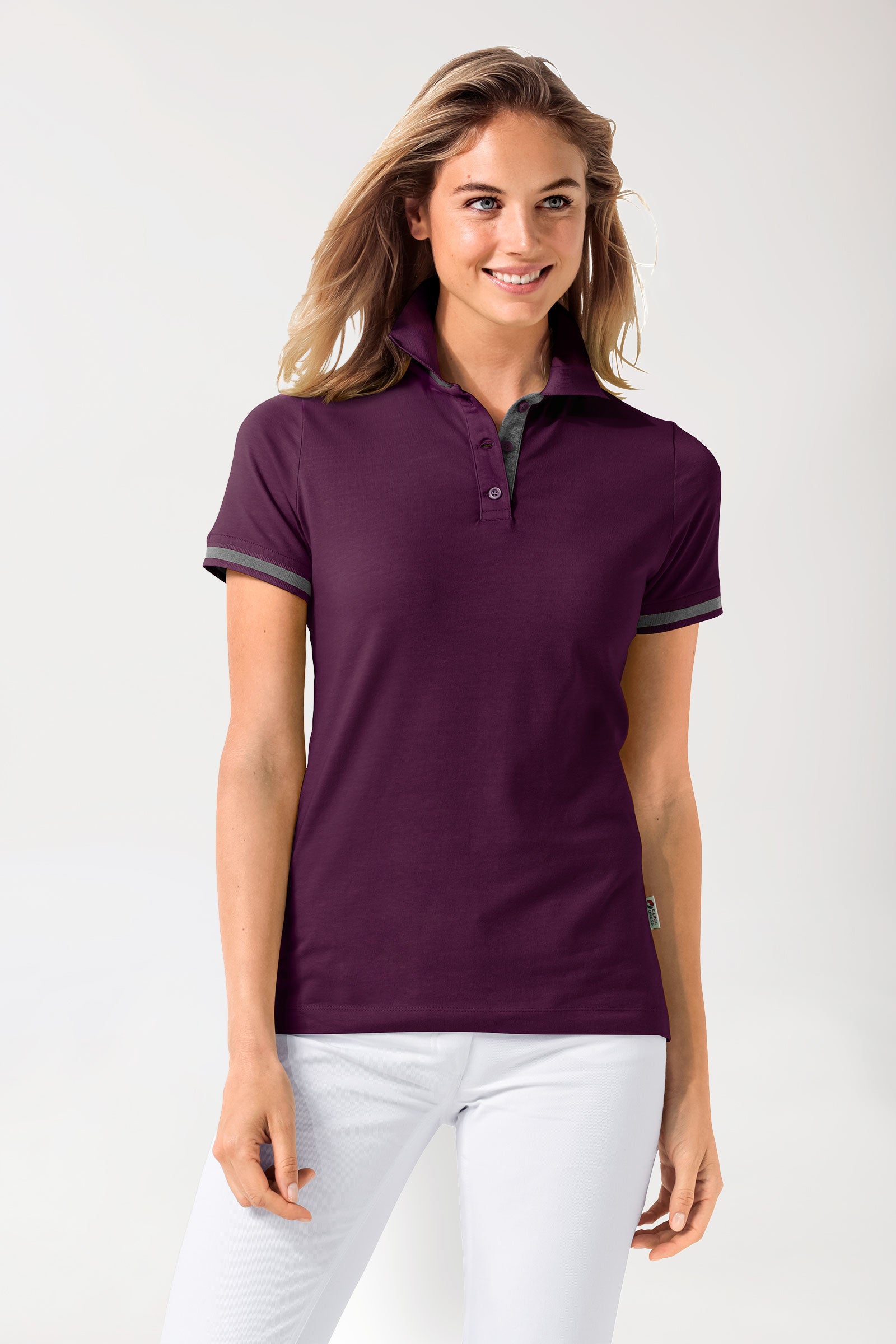Stretch Shirt Damen - Polokragen pflaume/dunkelgrau melange, Vue de face