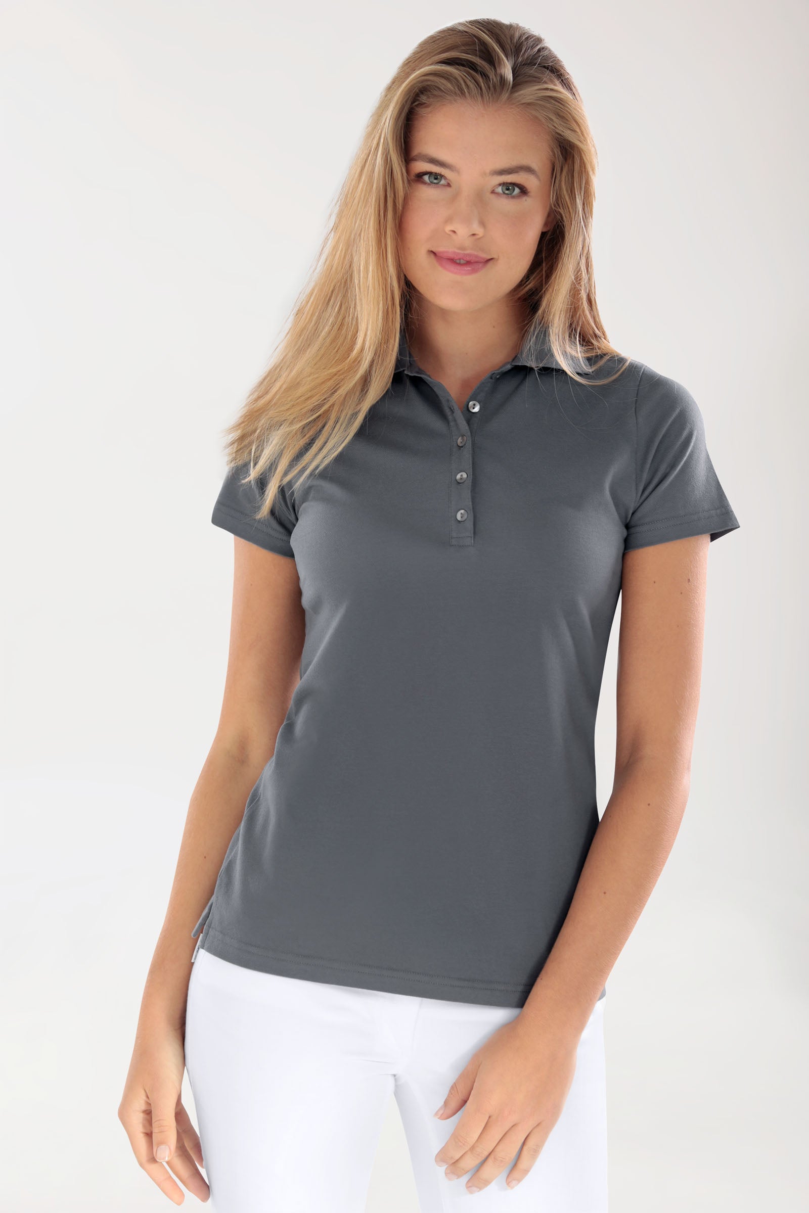 Stretch Shirt Damen - Polokragen steingrau