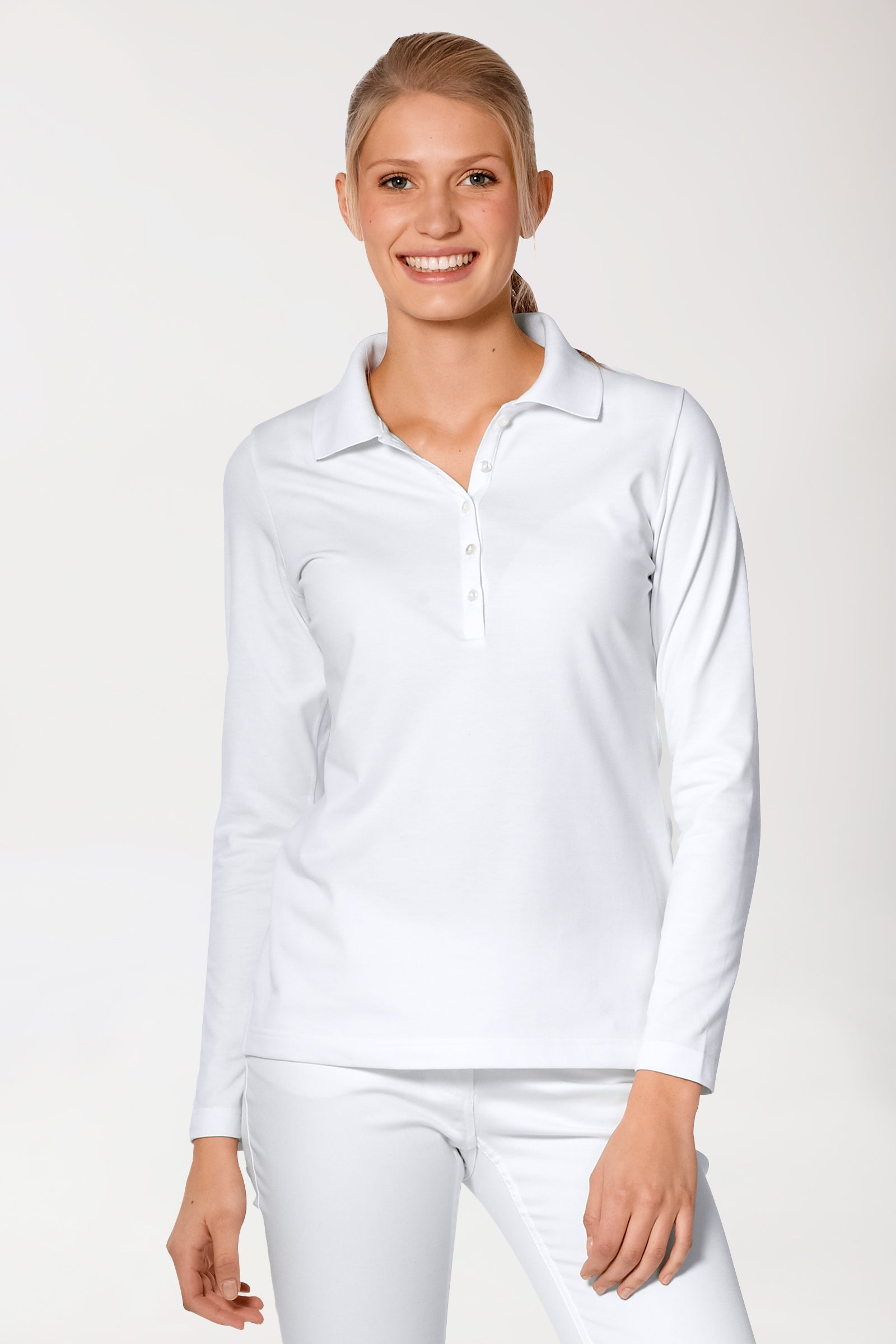 Stretch Shirt Damen - 1/1 Arm mit Polokragen weiss