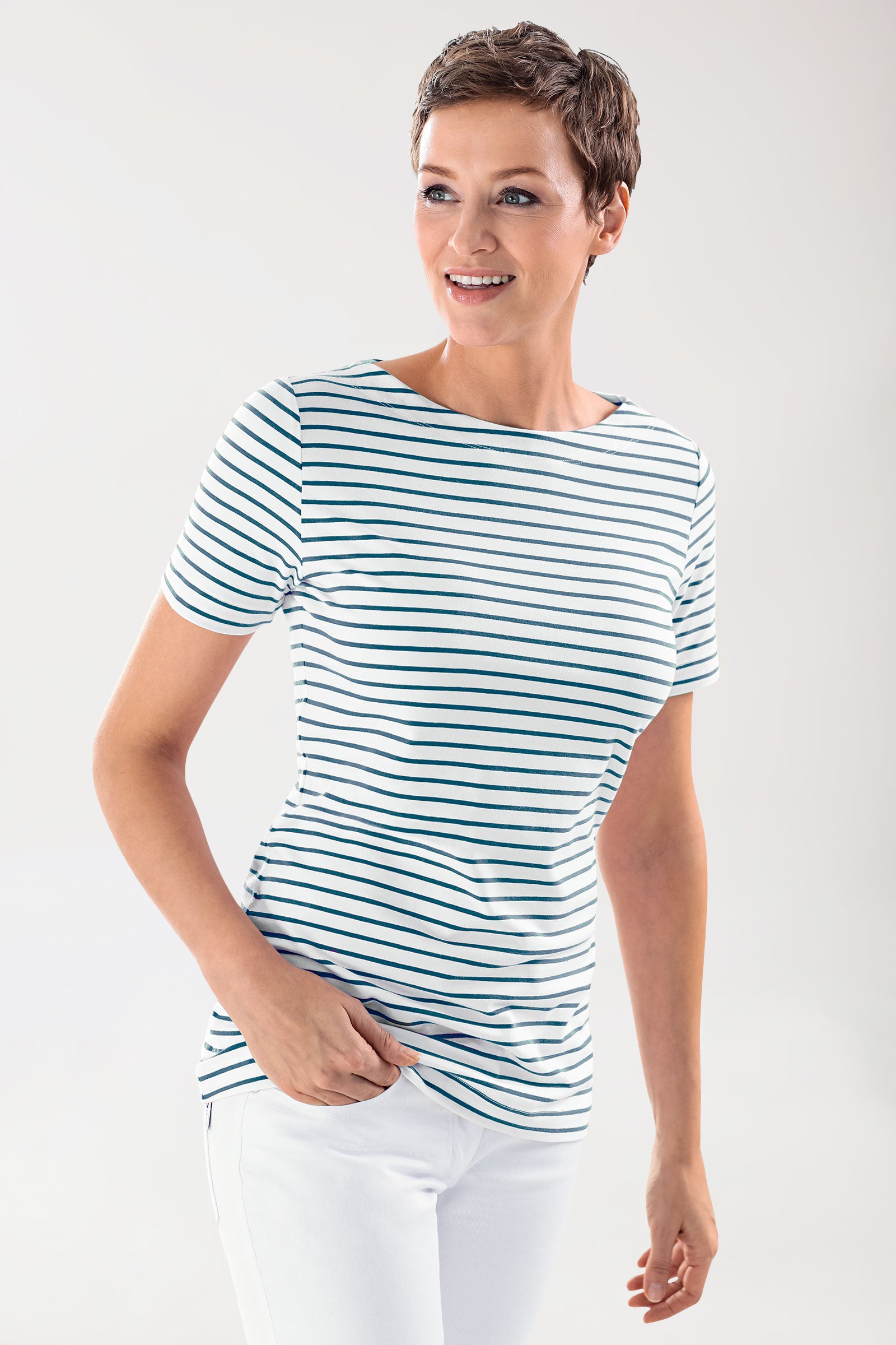 Shirt Damen - 1/2 Arm weiss/navy, Vue de face