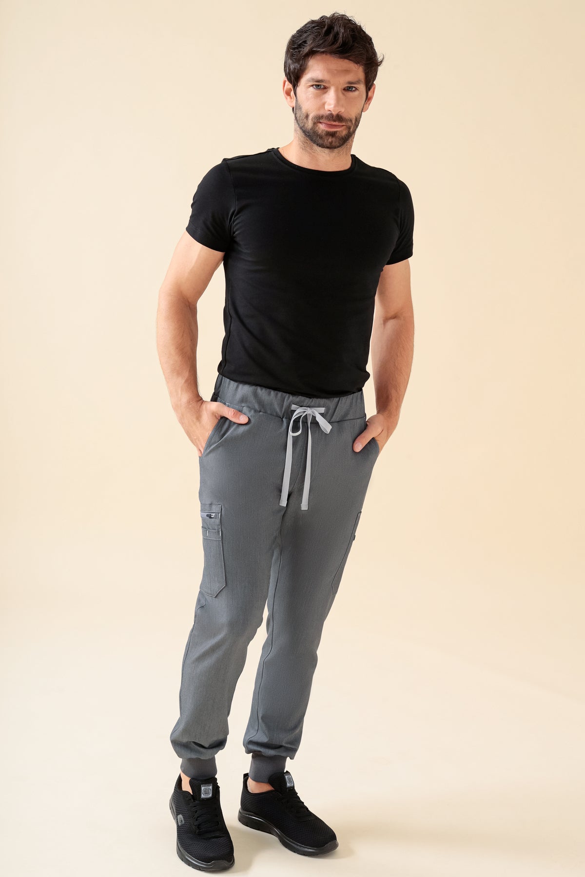 KAERE Hose Herren - Saumbündchen Kurzgr. mit Beintaschen grau melange, Vorderansicht