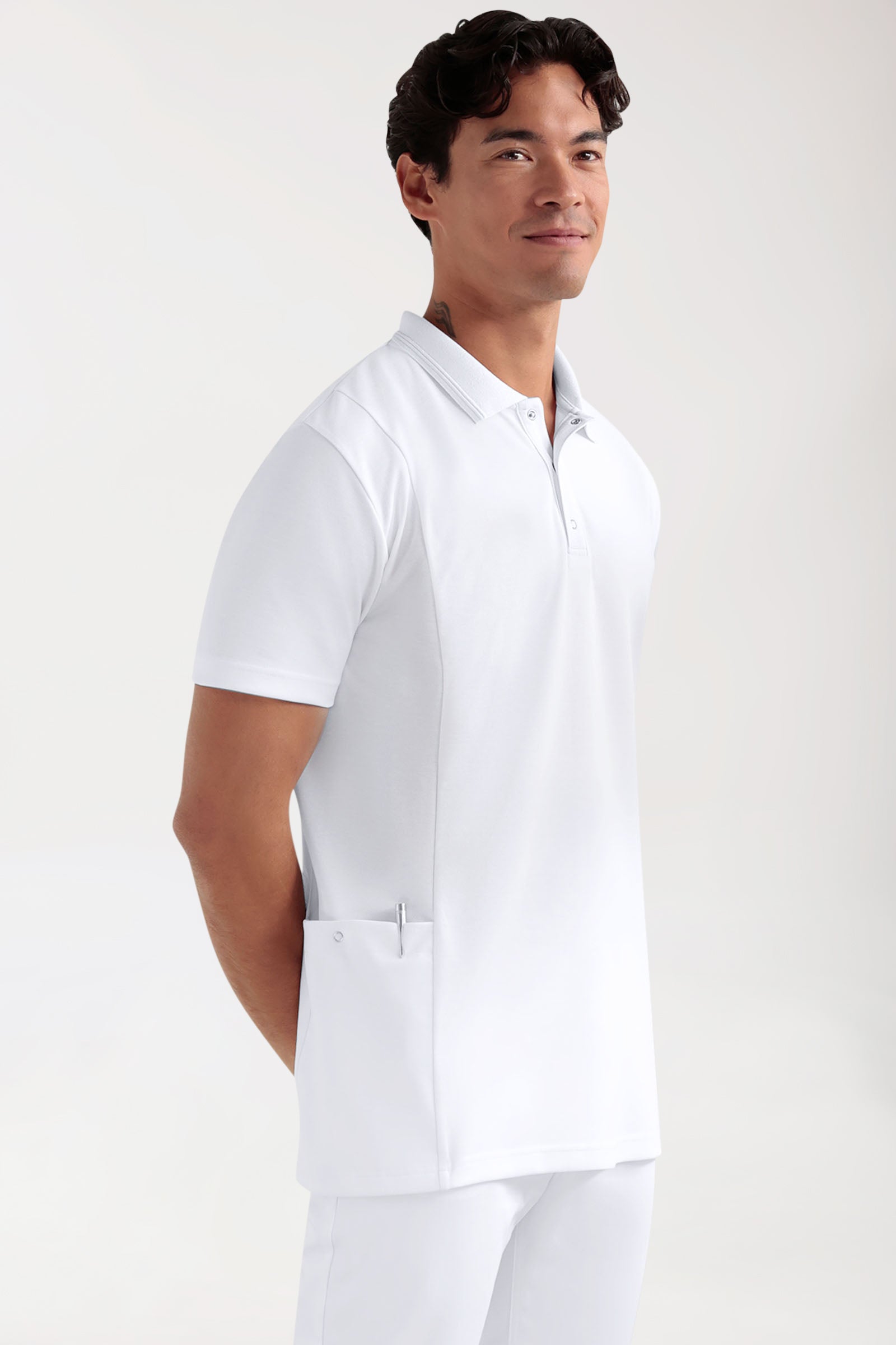 COMFY FLEX Stretch Schlupfkasack Herren - Polokragen weiss, Vorderansicht