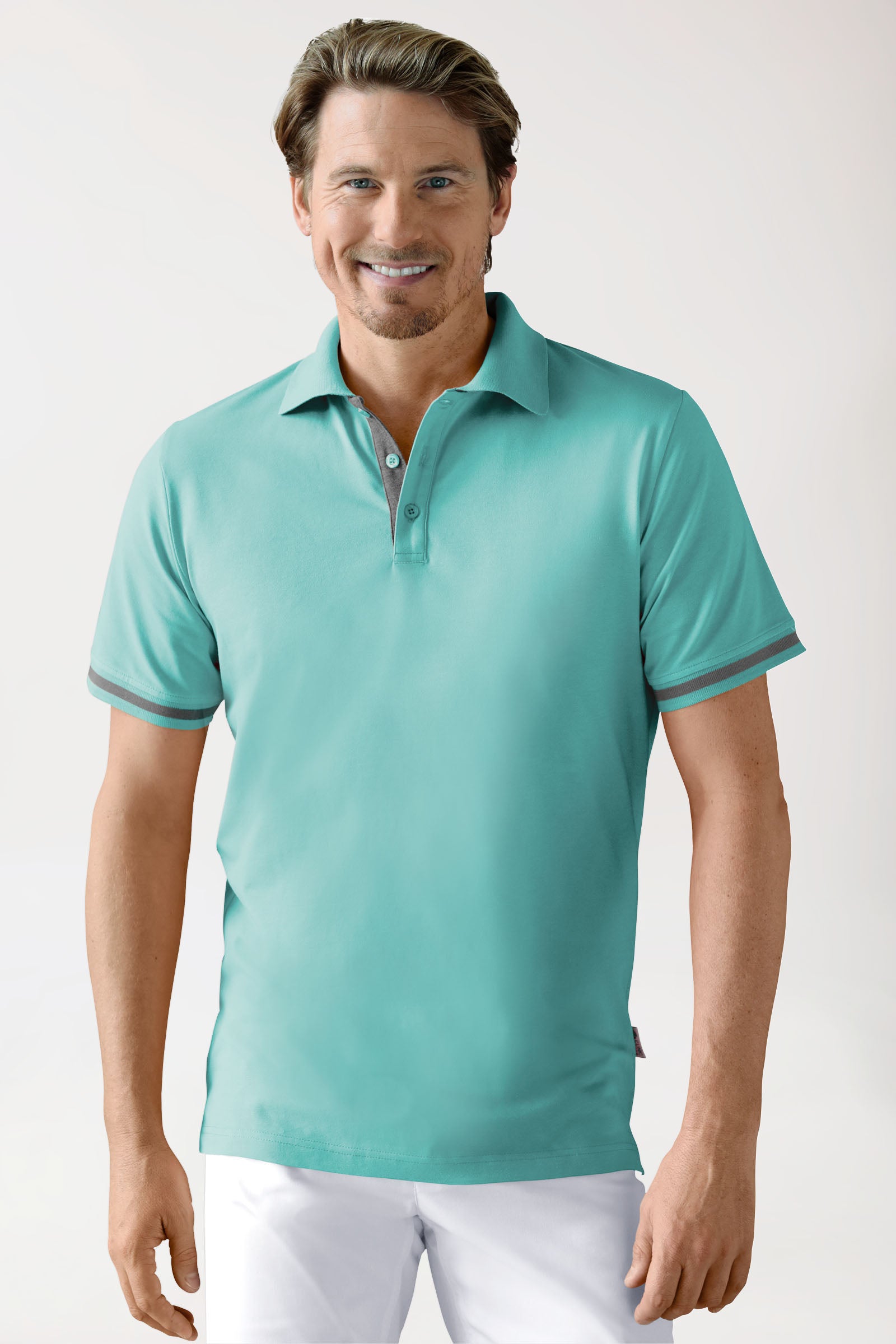 Stretch Shirt Herren - Polokragen aqua green/dunkelgrau melange, Vue de face