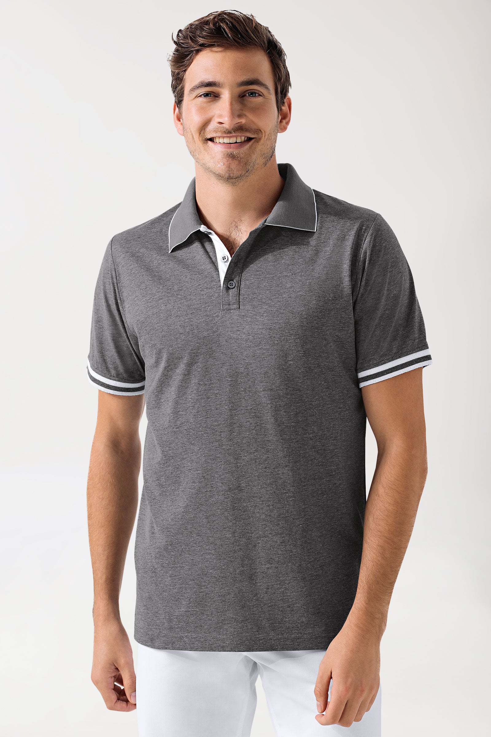 Stretch Shirt Herren - Polokragen - Kontrastknopfleiste - dunkelgrau melange/weiss, Vue de face