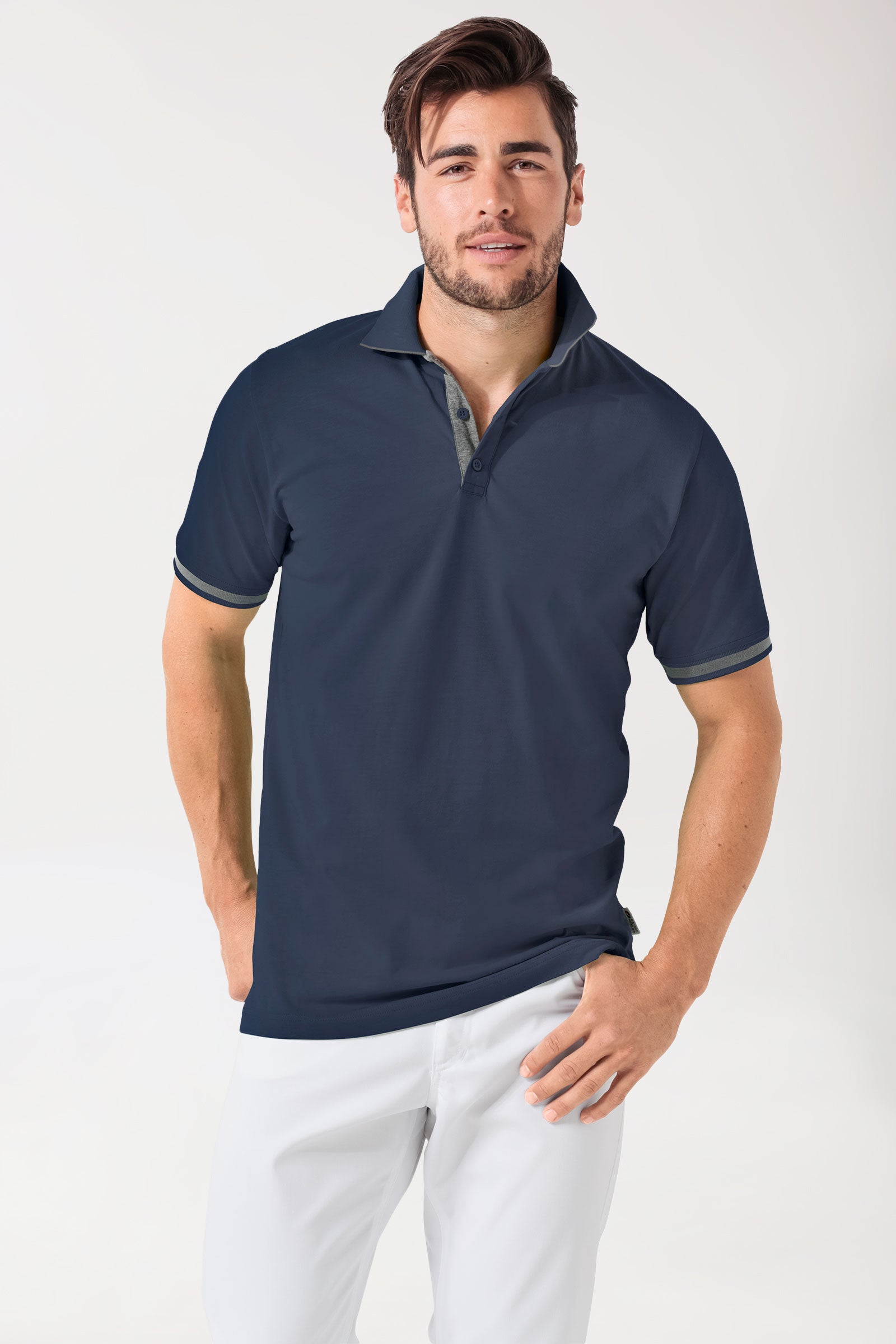 Stretch Shirt Herren - Polokragen navy/dunkelgrau melange, Vorderansicht