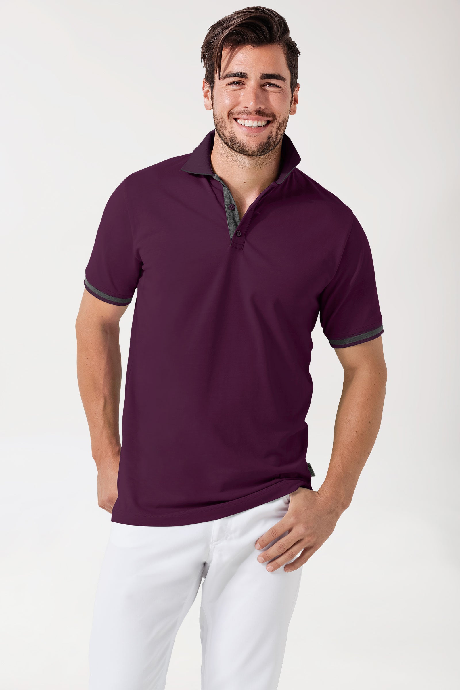 Stretch Shirt Herren - Polokragen pflaume/dunkelgrau melange, Vue de face