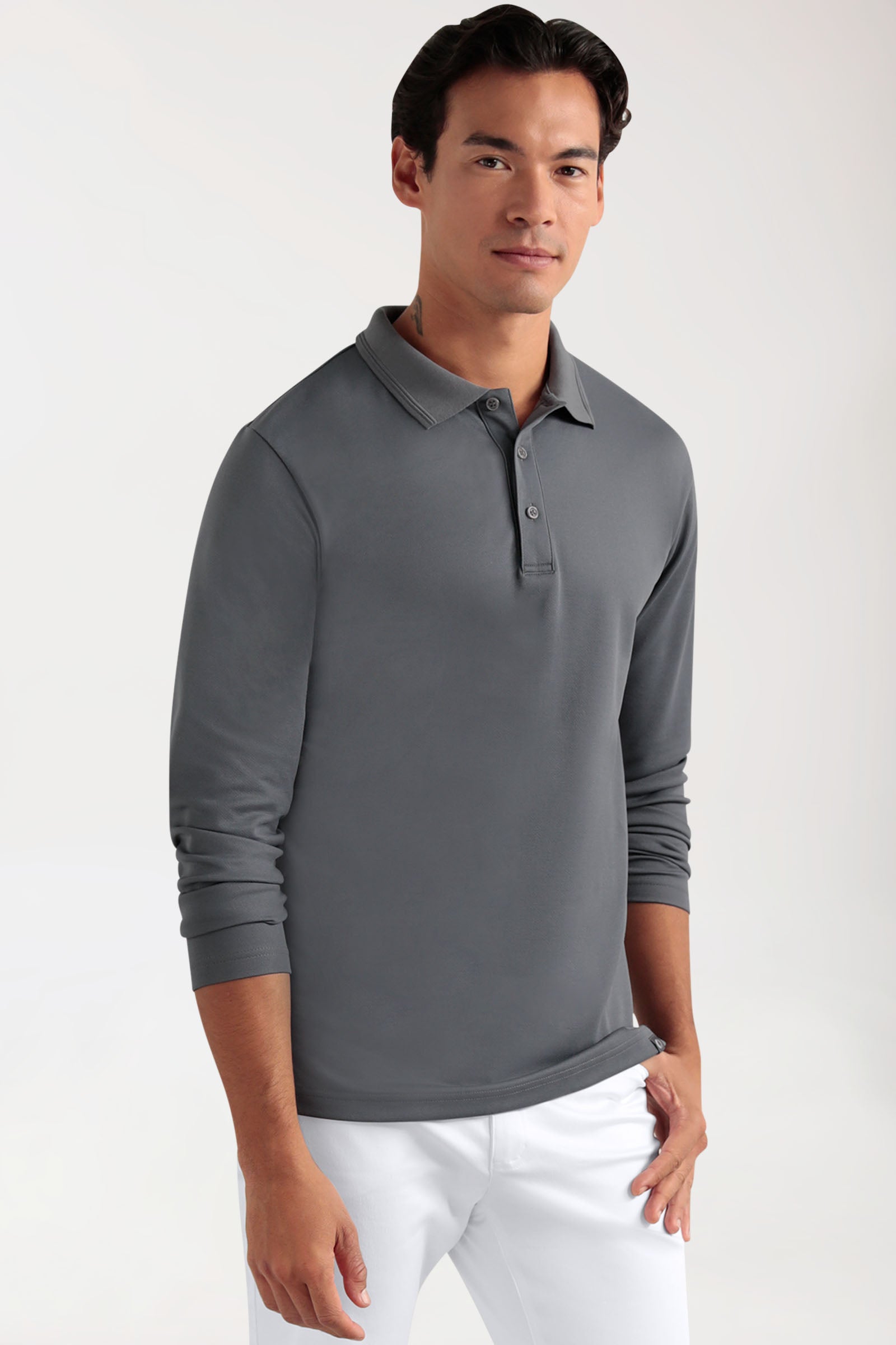 COMFY FLEX Stretch Longsleeve Herren - Polokragen steingrau, Vue de face