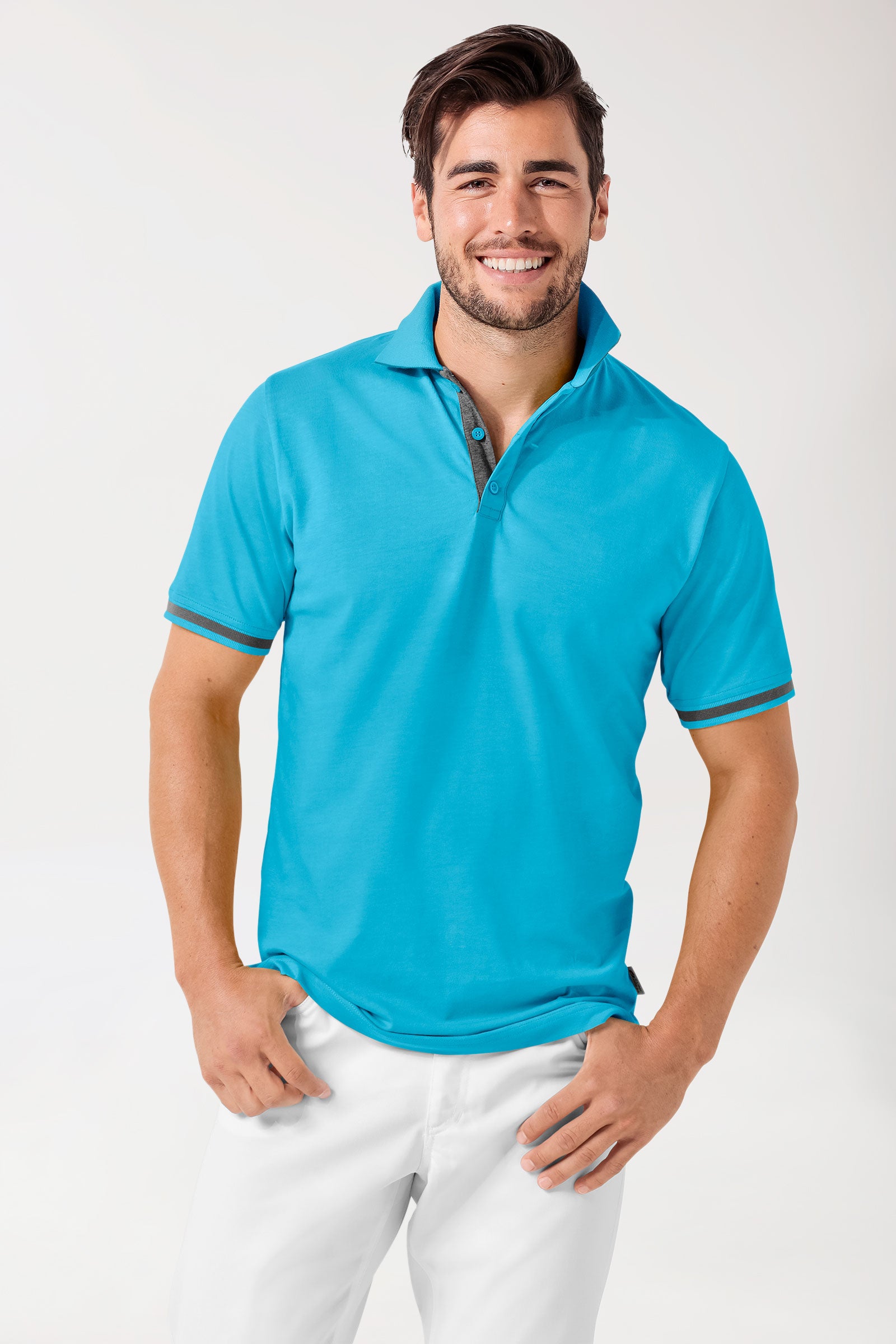 Stretch Shirt Herren - Polokragen türkis/dunkelgrau melange, Vue de face