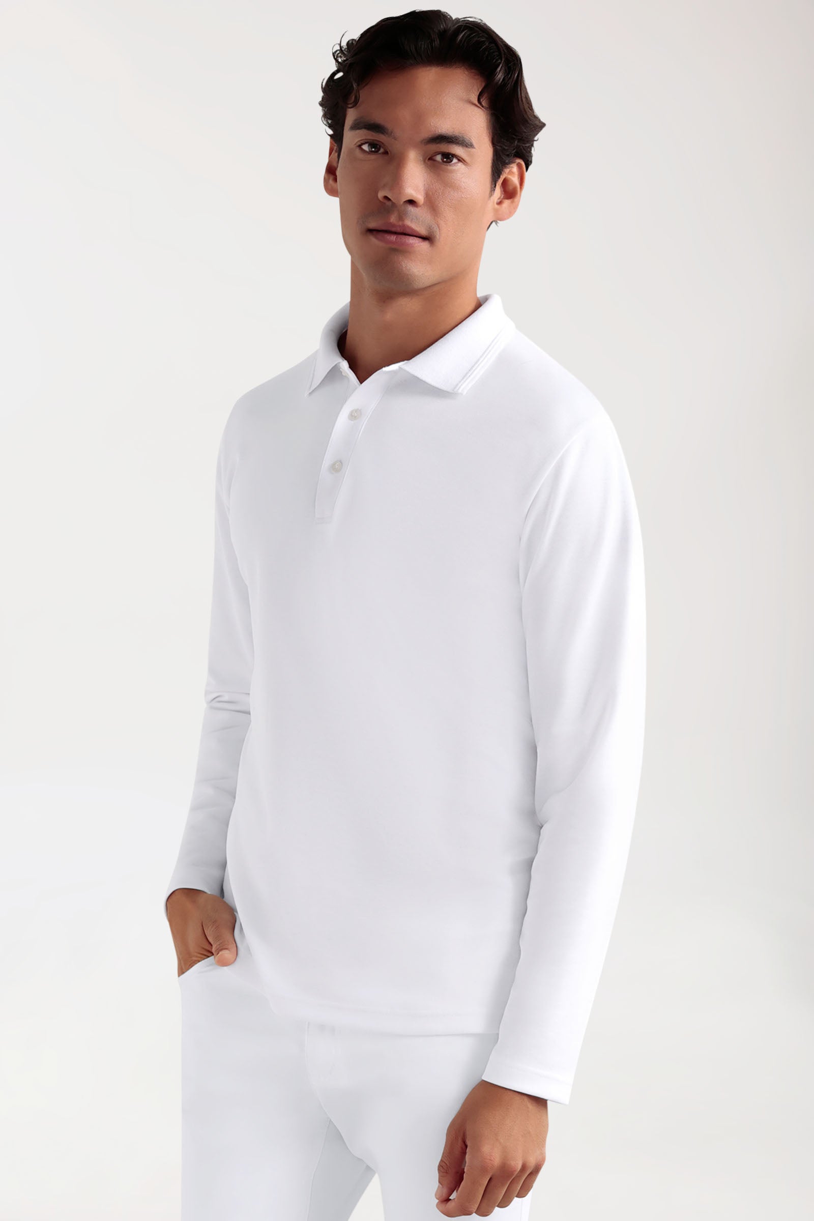 CORE Longsleeve Herren Double Face Piqué - Polokragen weiss