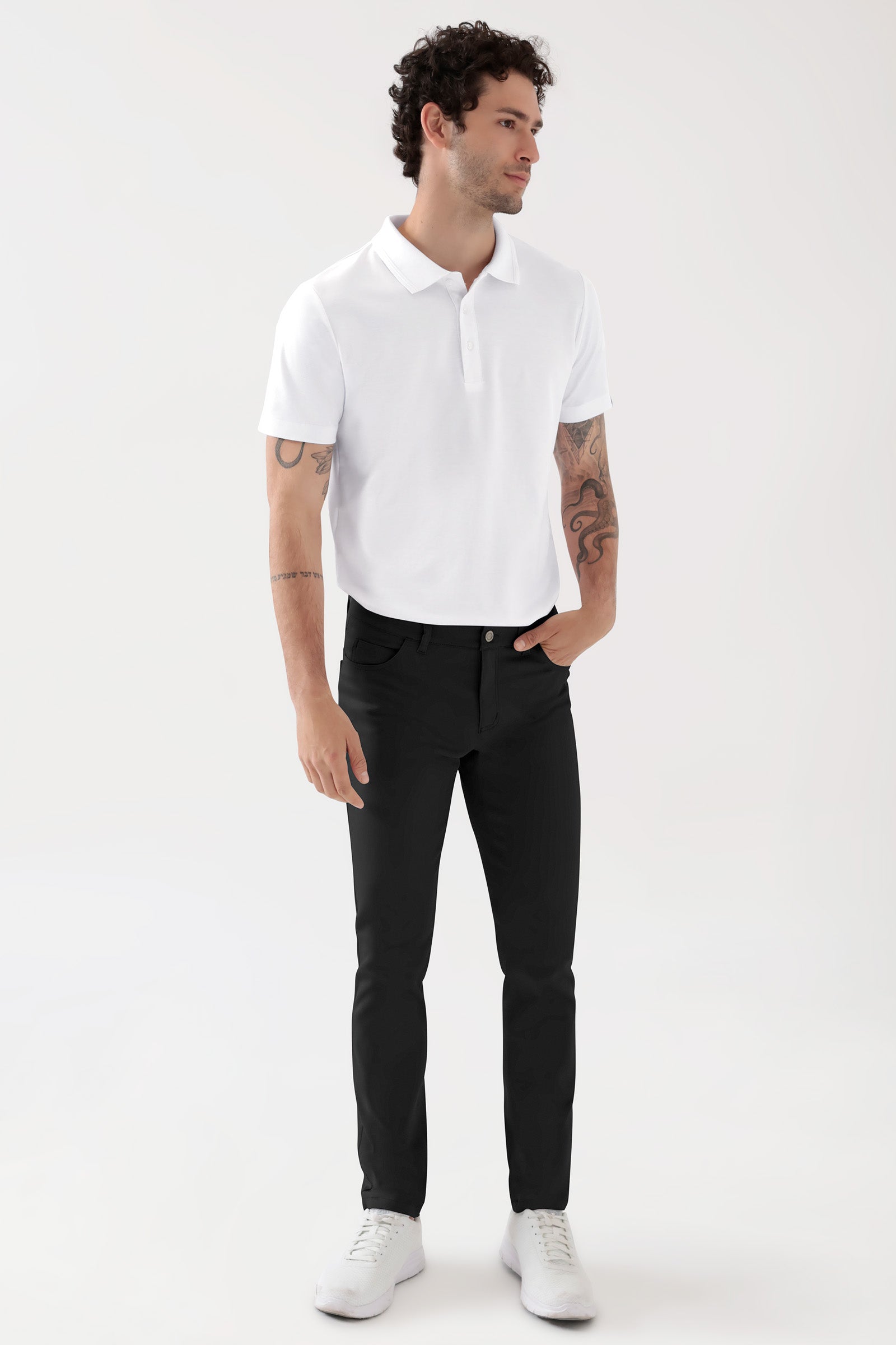COMFY FLEX 5-Pocket Hose Herren - schlankes Bein schwarz, Vue de face Le mannequin mesure 188 cm et porte la taille 48