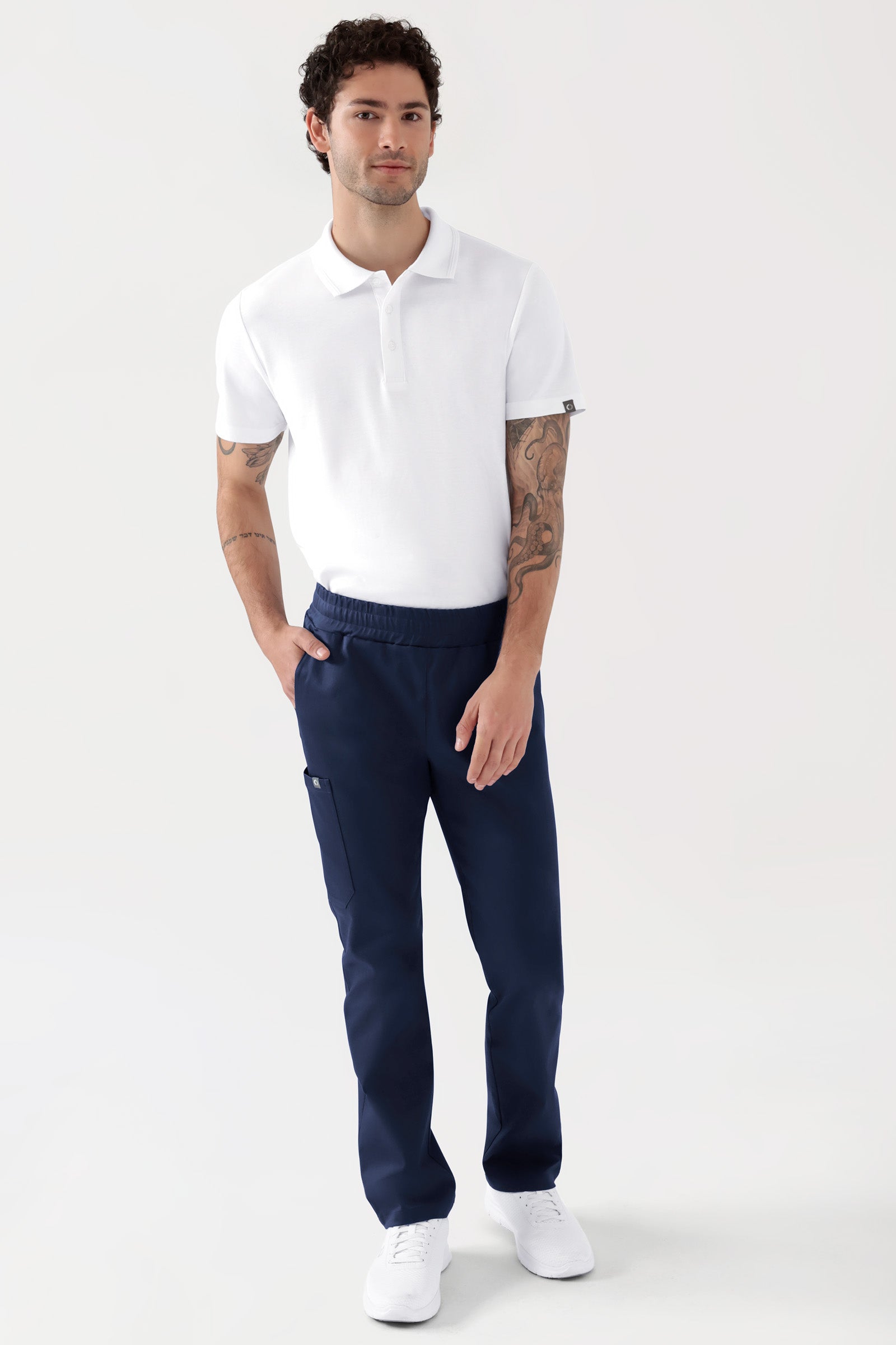 COMFY FLEX Stretch Hose Unisex - 1/1 Länge navy, Vorderansicht Das Model ist 188 cm gross und trägt Grösse M