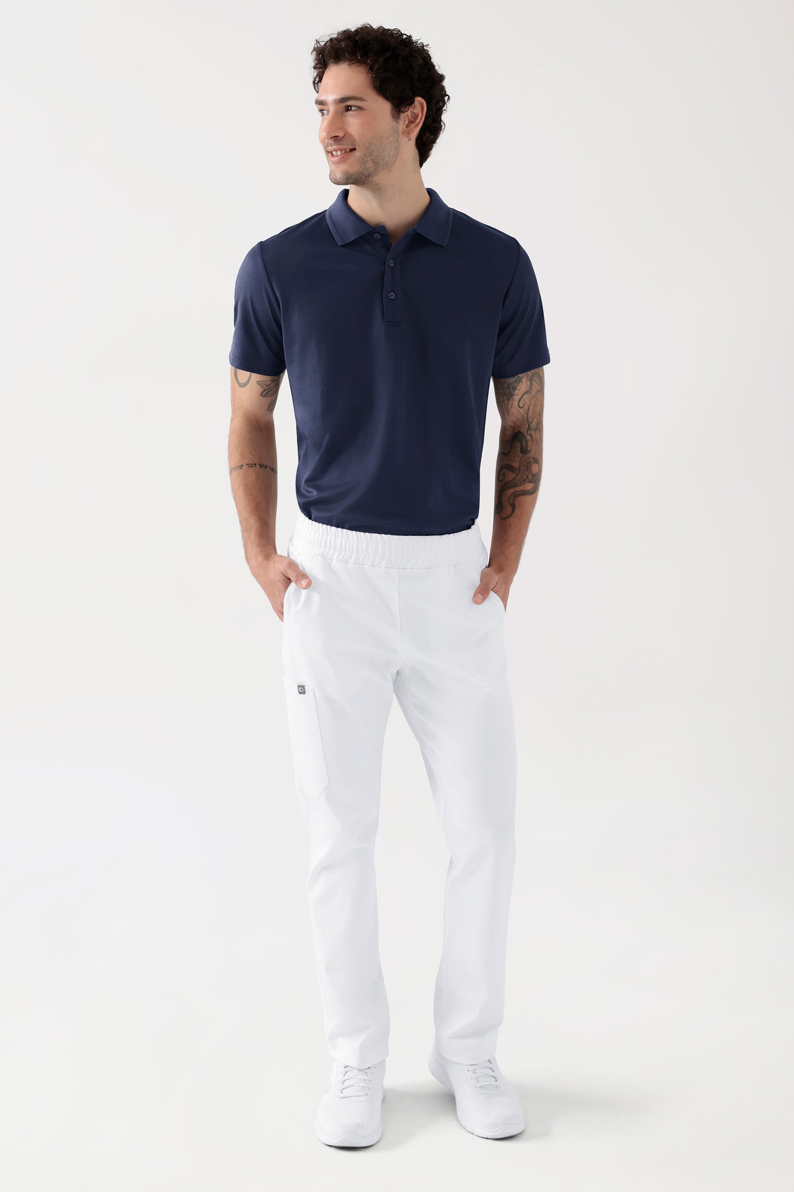 COMFY FLEX Stretch Hose Unisex - 1/1 Länge weiss, Vorderansicht Das Model ist 188 cm gross und trägt Grösse M