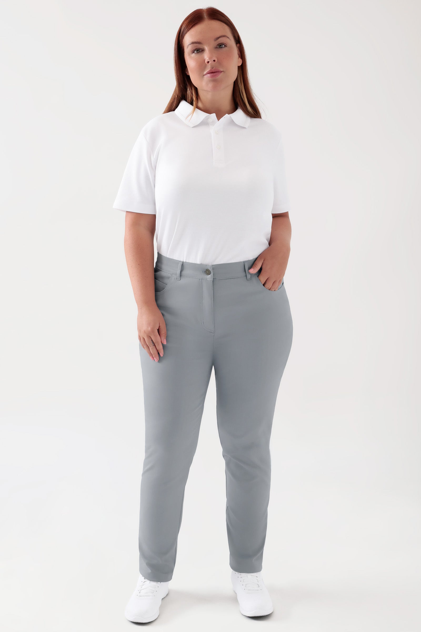 COMFY FLEX 5-Pocket Hose Damen - schlankes Bein grau, Vue de face Le mannequin mesure 173 cm et porte la taille 46