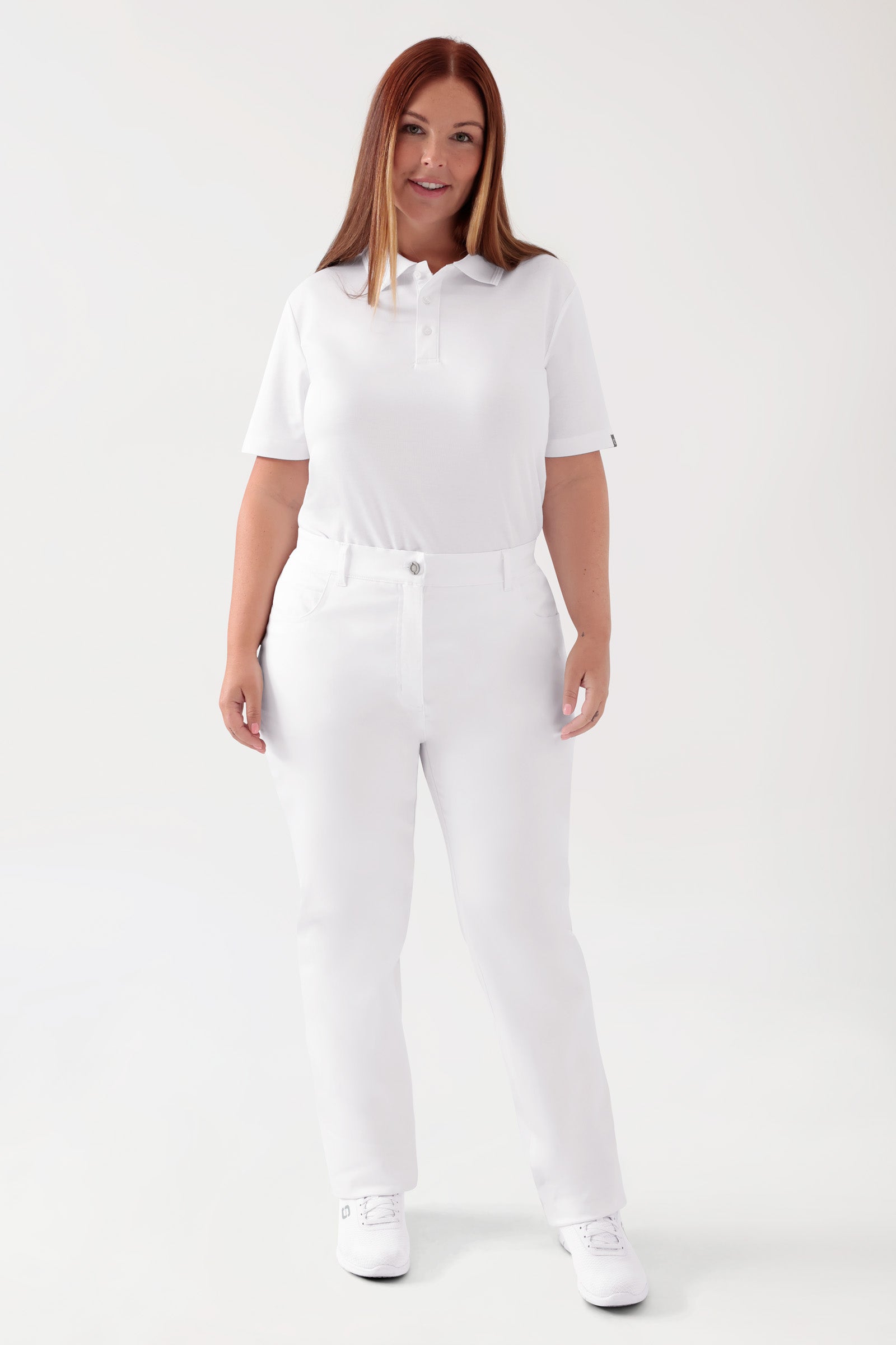 COMFY FLEX 5-Pocket Hose Damen - gerades Bein weiss, Vorderansicht Das Model ist 173 cm gross und trägt Grösse 46