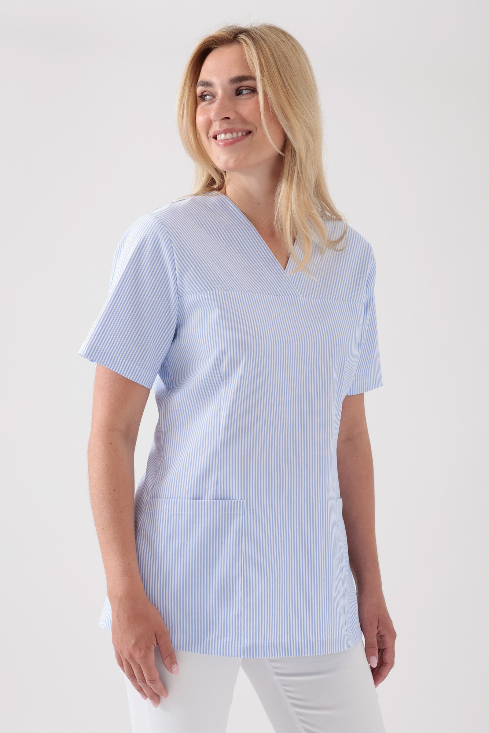 Stretch Schlupfkasack Damen - V-Ausschnitt weiss/blau