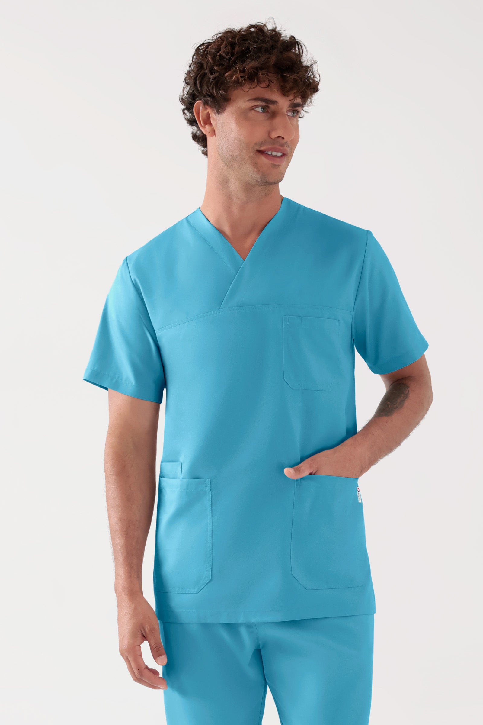 TENCEL™ Schlupfkasack Herren - V-Ausschnitt dark türkis, Vorderansicht