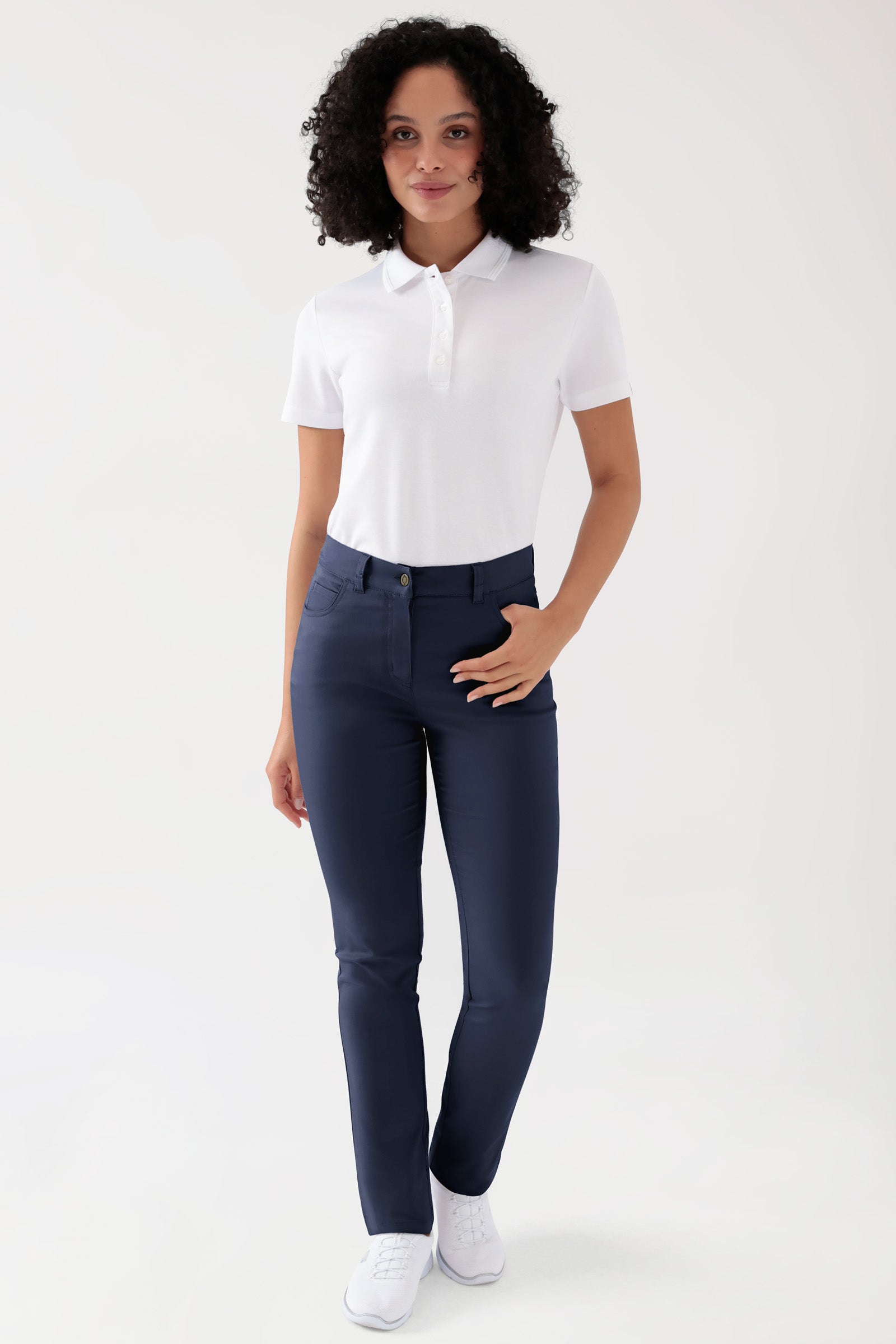 COMFY FLEX 5-Pocket Hose Damen - gerades Bein navy, Vorderansicht Das Model ist 176 cm gross und trägt Grösse 36