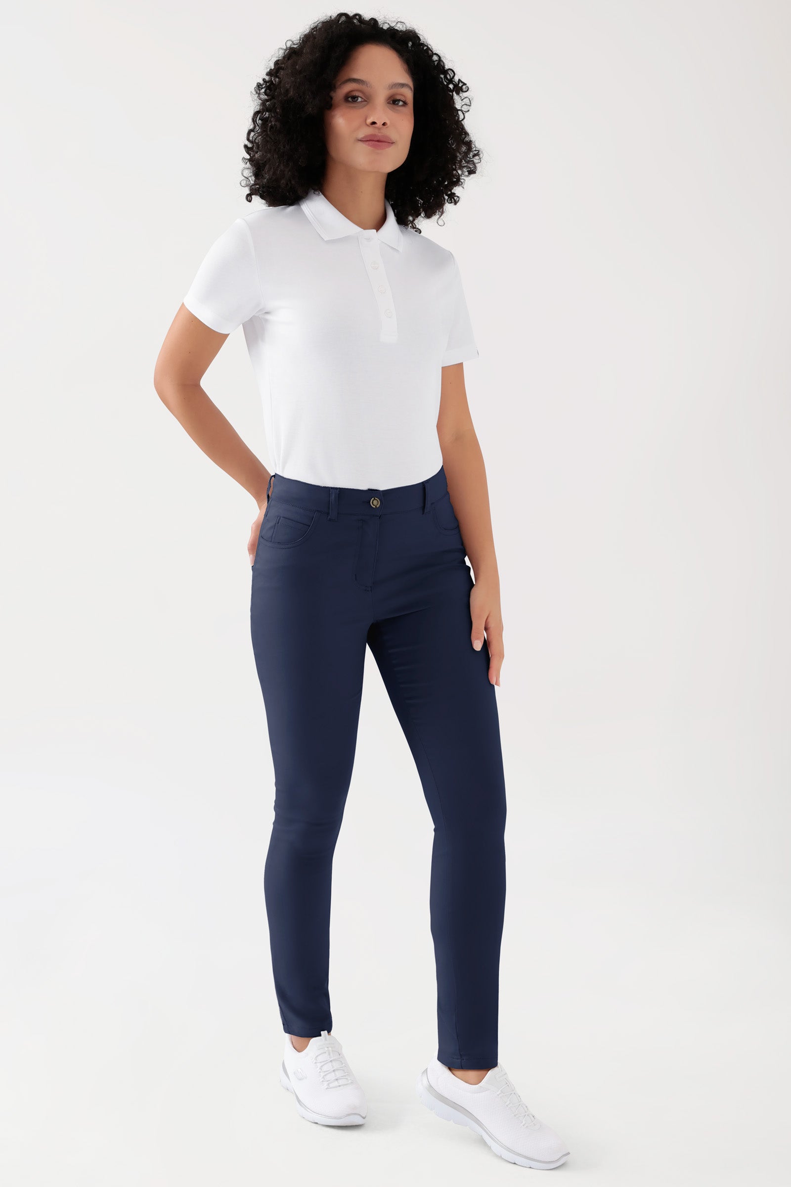 COMFY FLEX 5-Pocket Hose Damen - schlankes Bein navy, Vorderansicht Das Model ist 176 cm gross und trägt Grösse 36