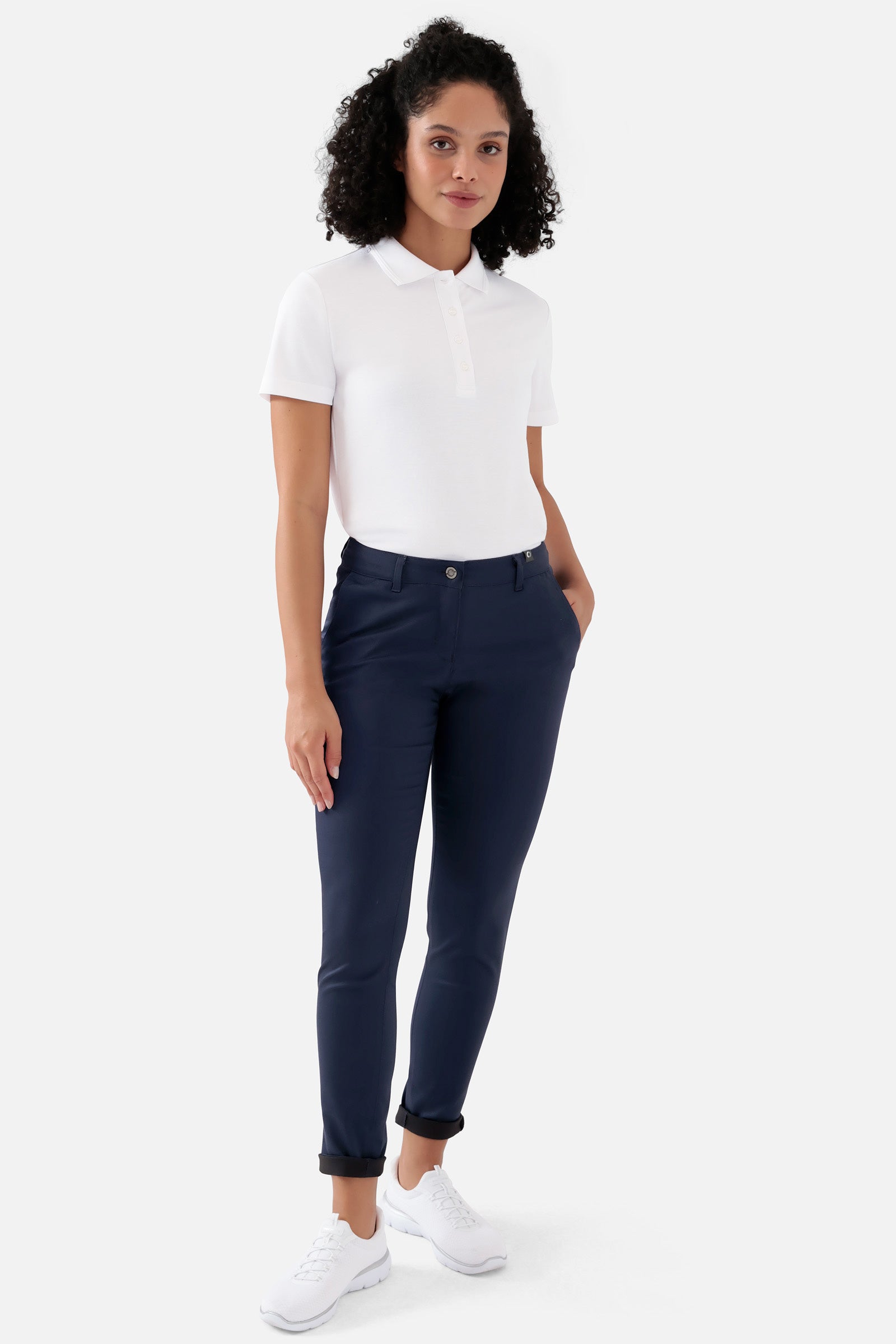 COMFY FLEX Hose Damen - Chino Style navy, Vorderansicht Das Model ist 176 cm gross und trägt Grösse 36